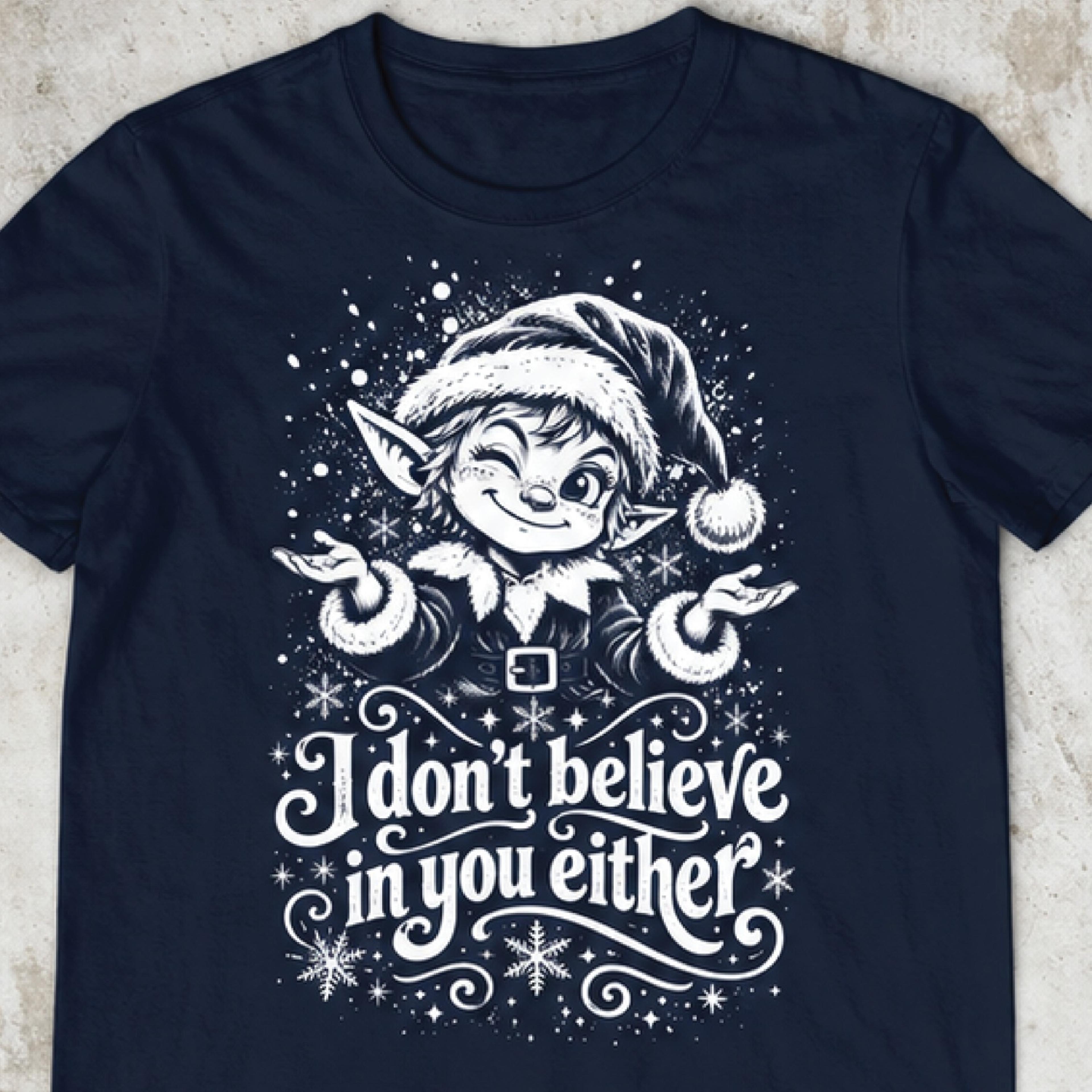 funny christmas elf t-shirt, i don't believe in you either shirt, sarcastic holiday graphic tee, cute santa elf xmas
