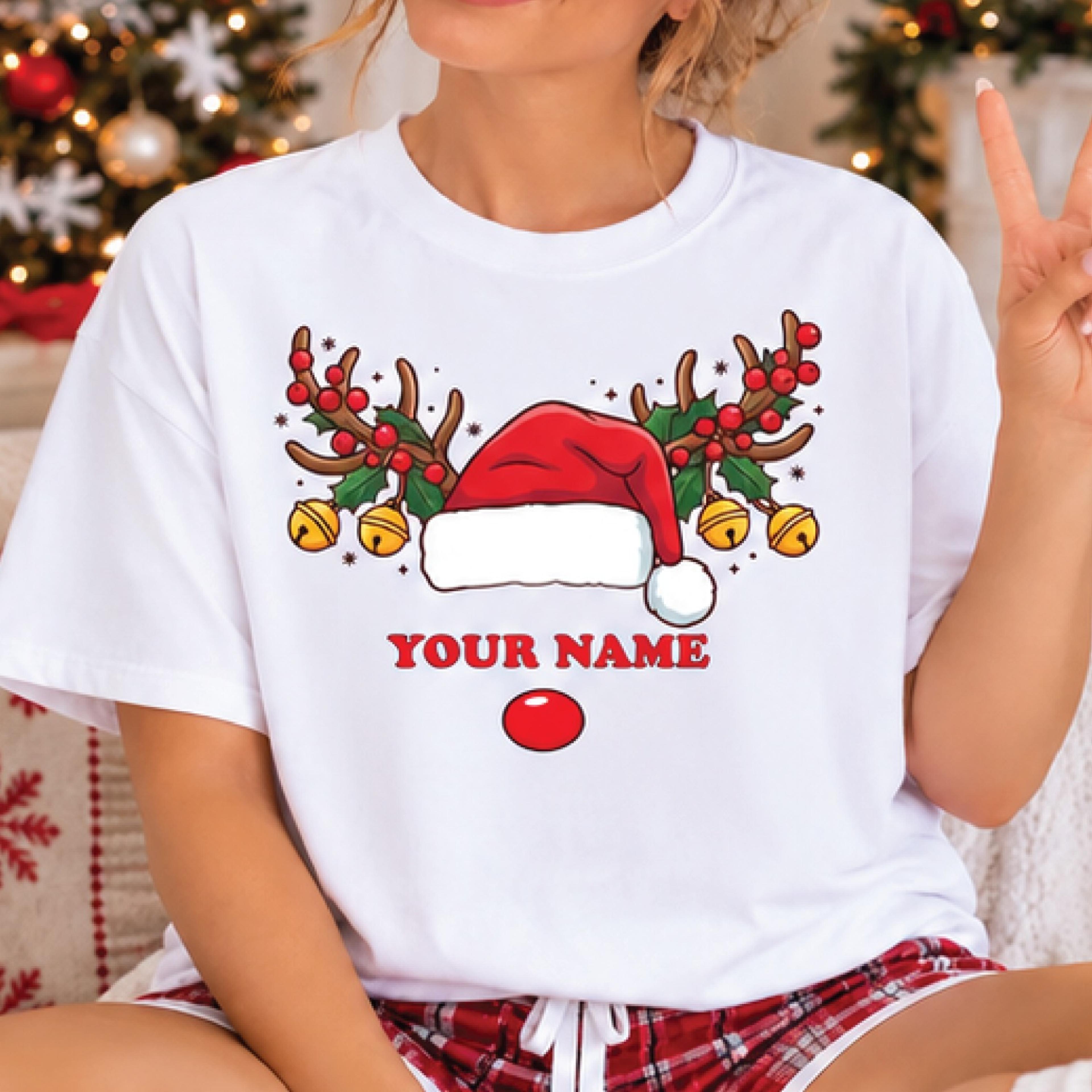 personalized christmas reindeer t-shirt, custom name santa hat graphic tee, cute rudolph holiday shirt, family xmas gift