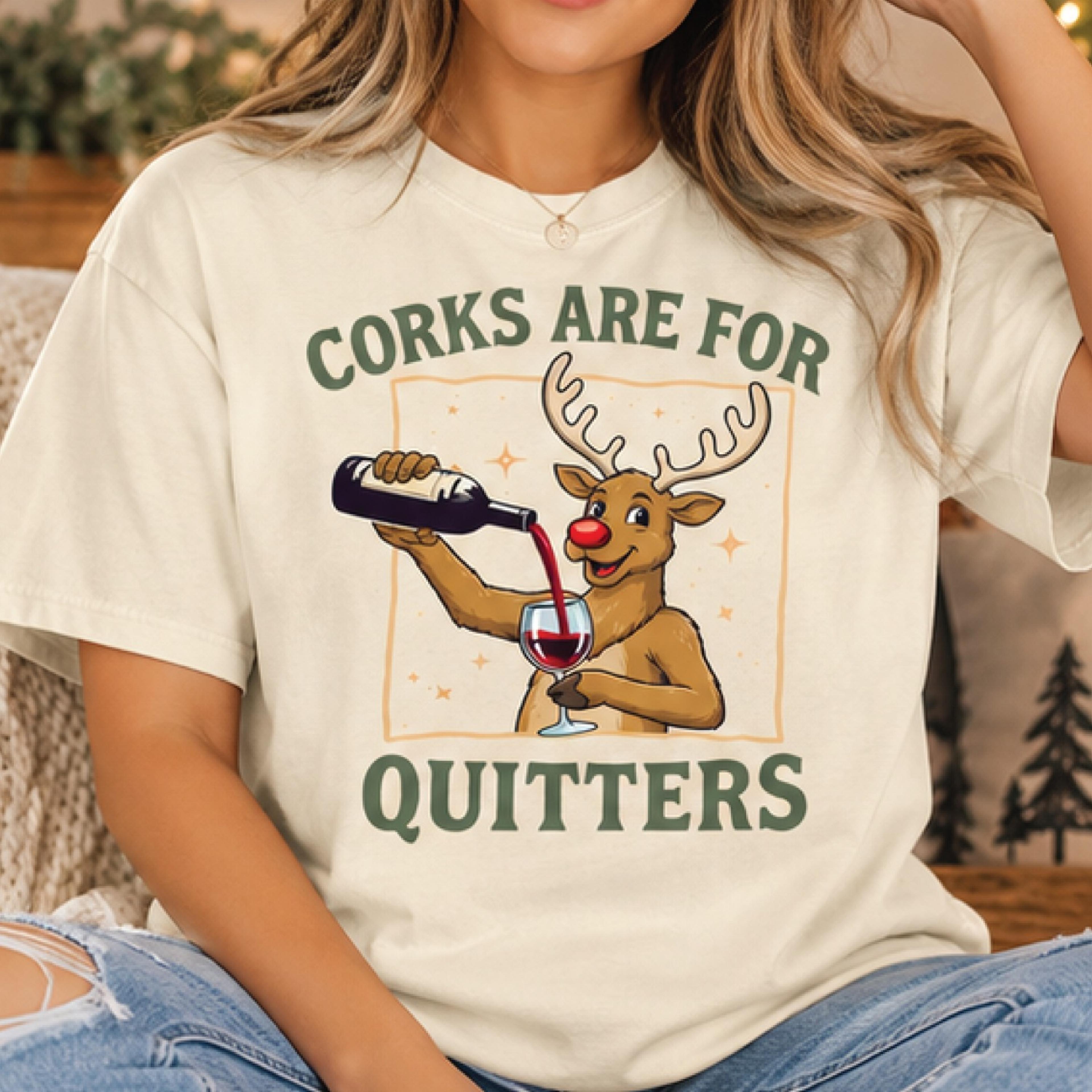 corks are for quitters christmas t-shirt, funny reindeer wine lover graphic tee, holiday drinking humor shirt, xmas part
