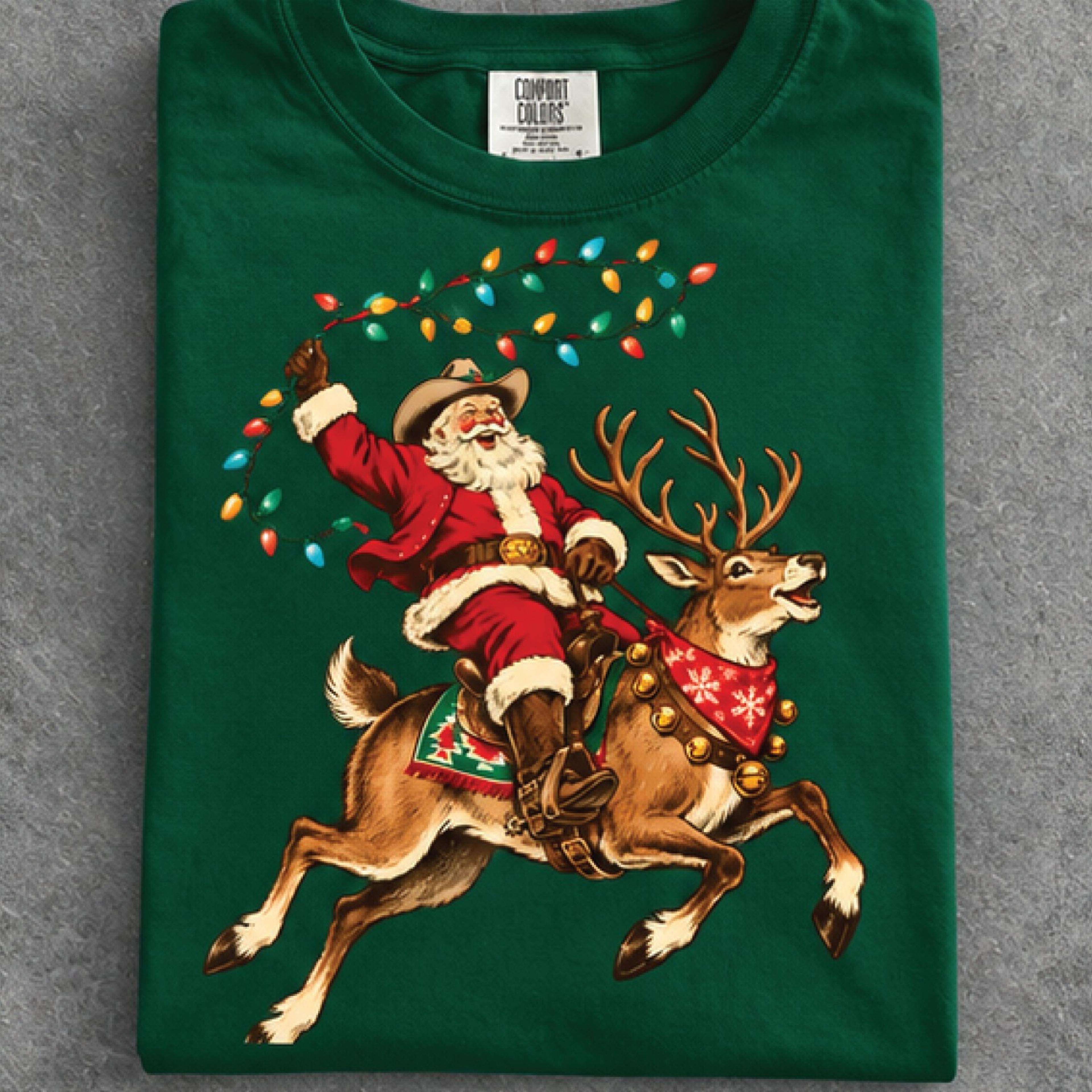 cowboy santa riding reindeer christmas t-shirt, western santa graphic tee, retro rodeo christmas shirt, funny holiday