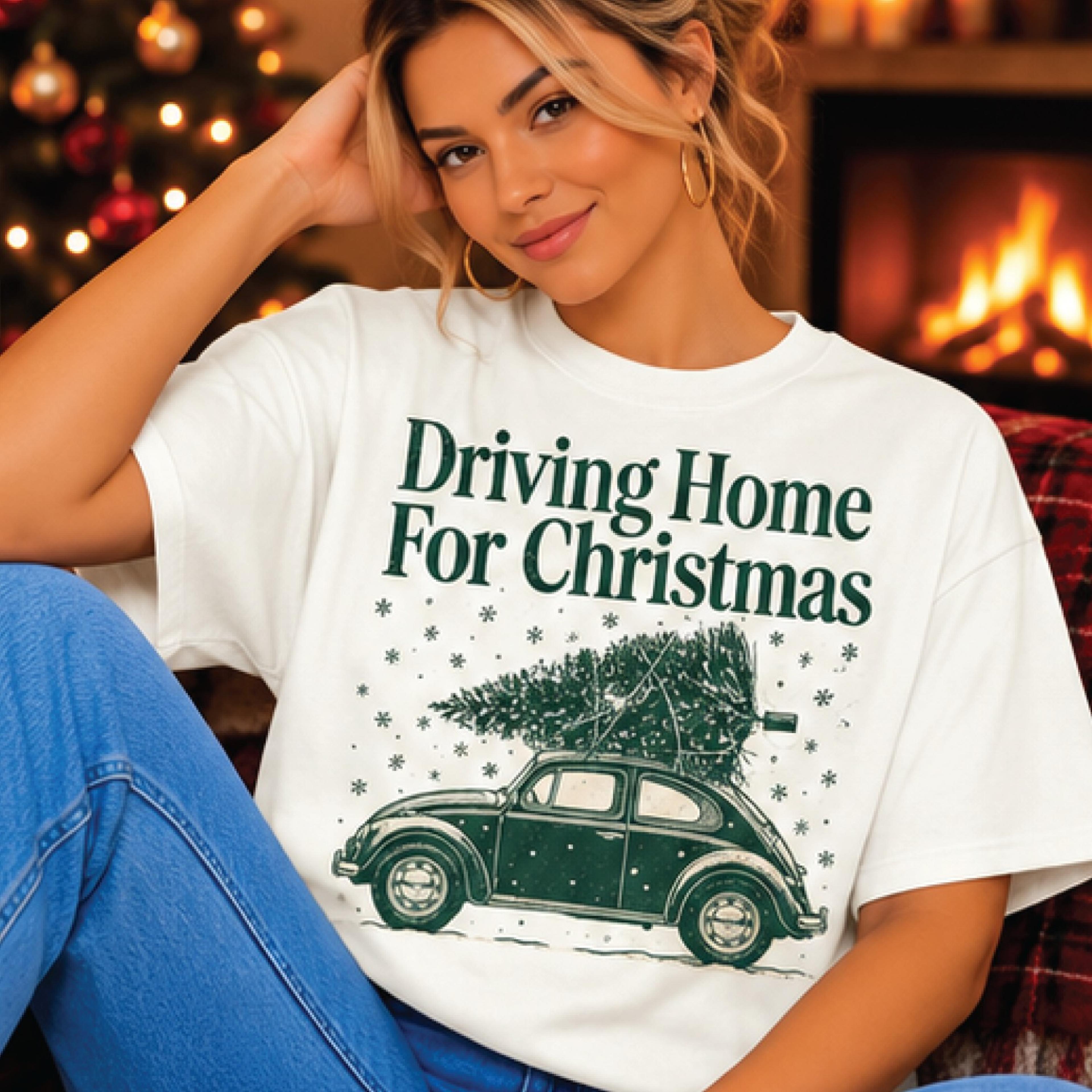 driving home for christmas t-shirt, vintage christmas car graphic tee, retro holiday road trip shirt, cozy xmas gift