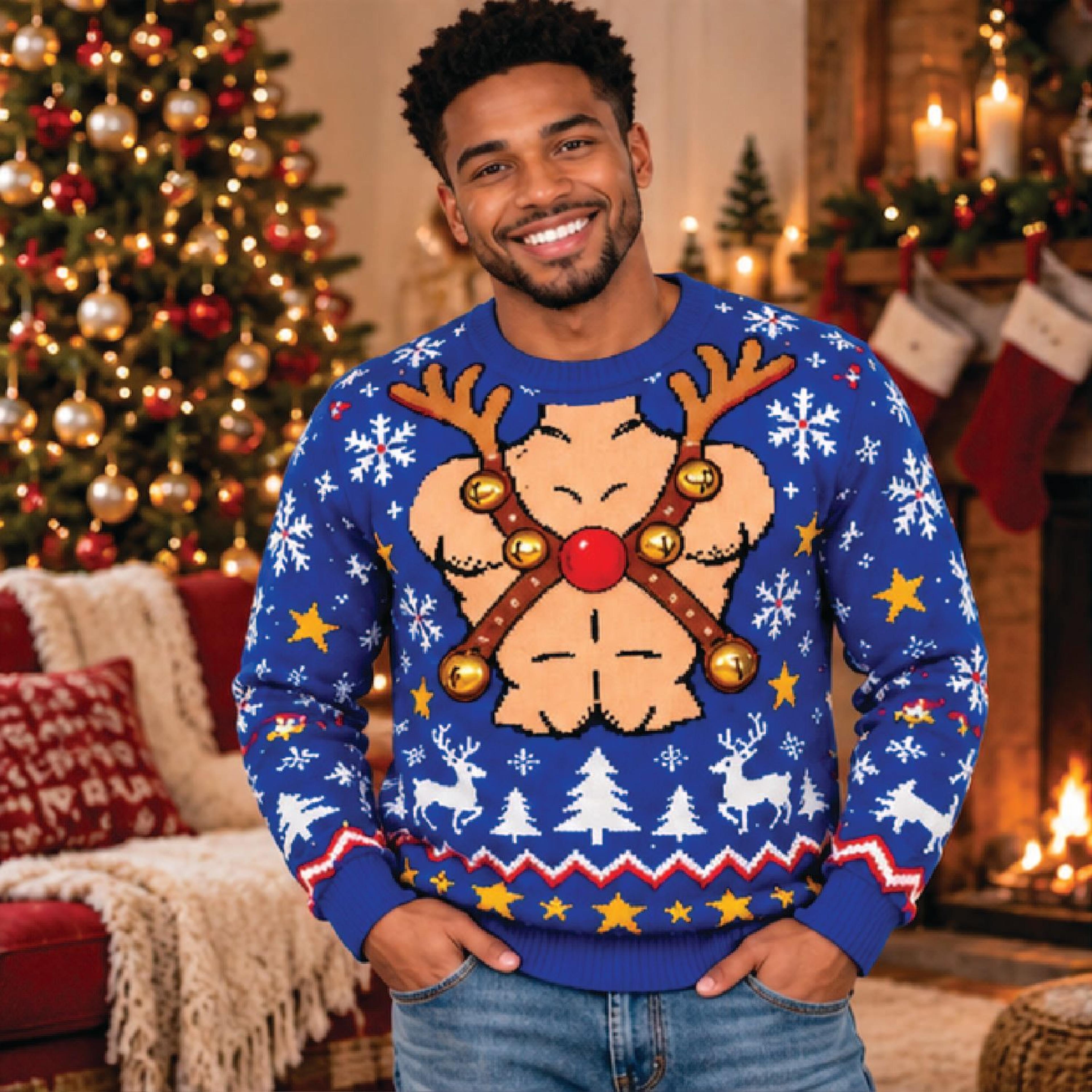 funny reindeer muscle ugly christmas sweater, rudolph six pack abs holiday sweatshirt, novelty xmas party jumper gift