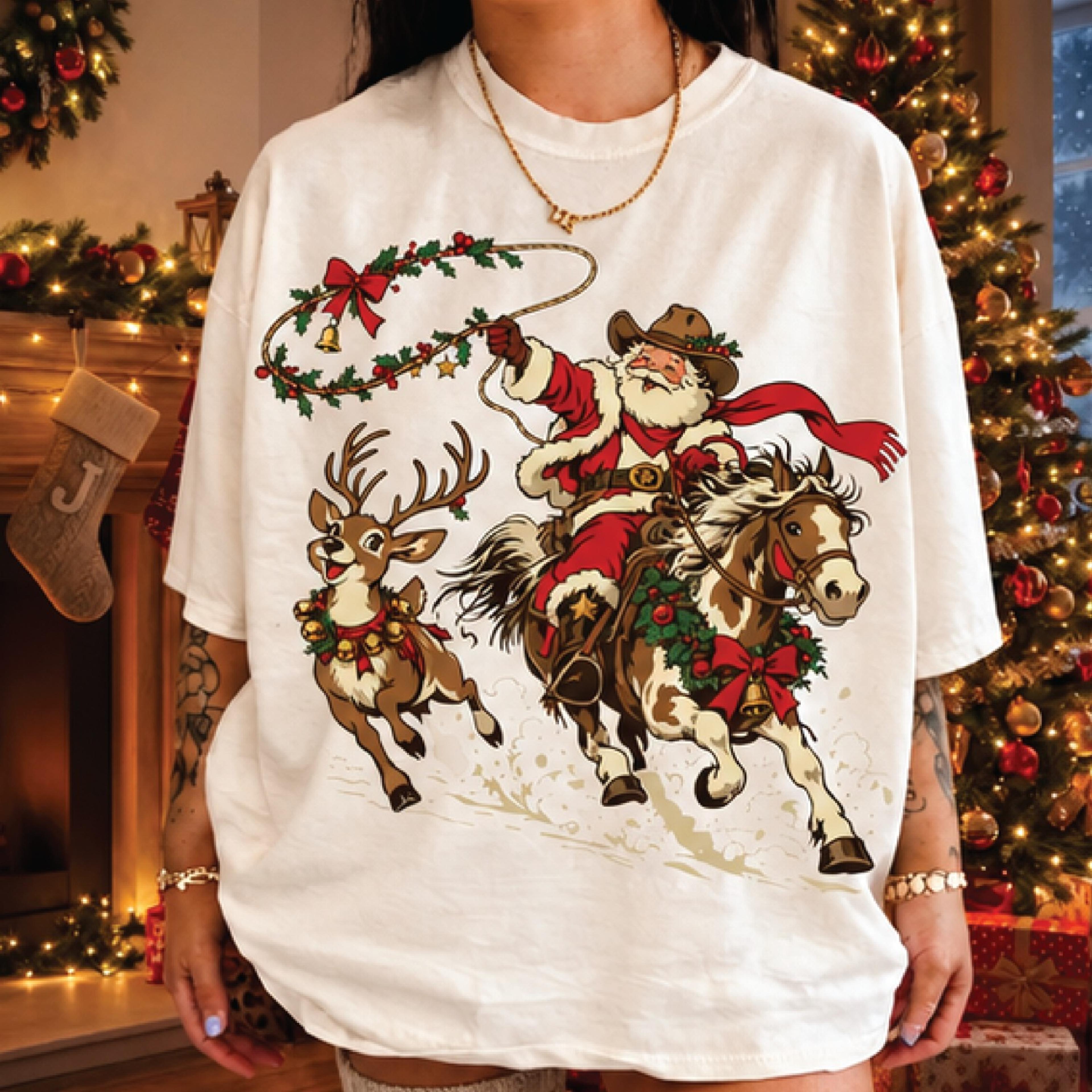 cowboy santa christmas t-shirt, western santa riding horse graphic tee, festive reindeer rodeo shirt, country christmas