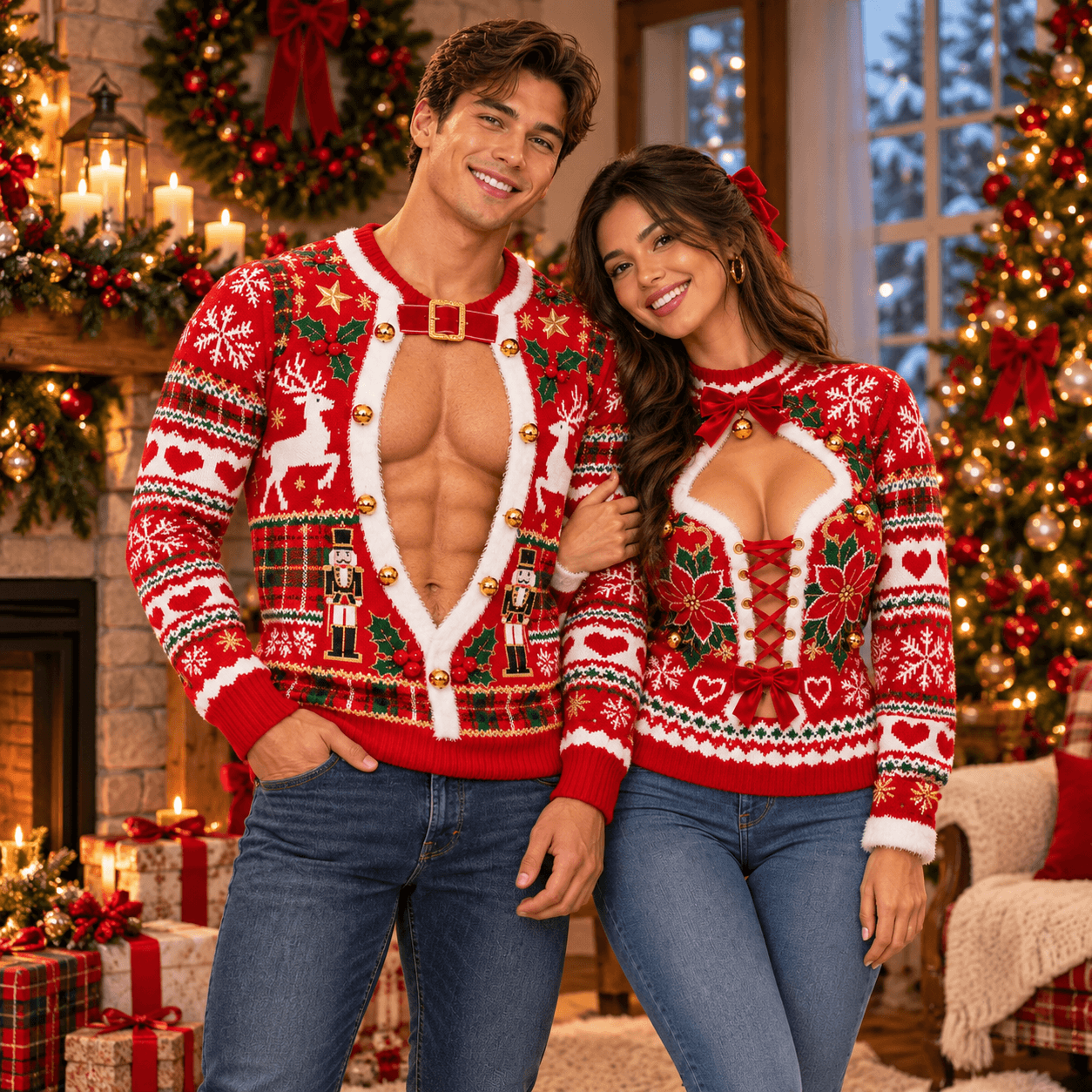 funny couples ugly christmas sweaters, matching his and hers naughty xmas sweatshirts, sexy santa holiday party outfits