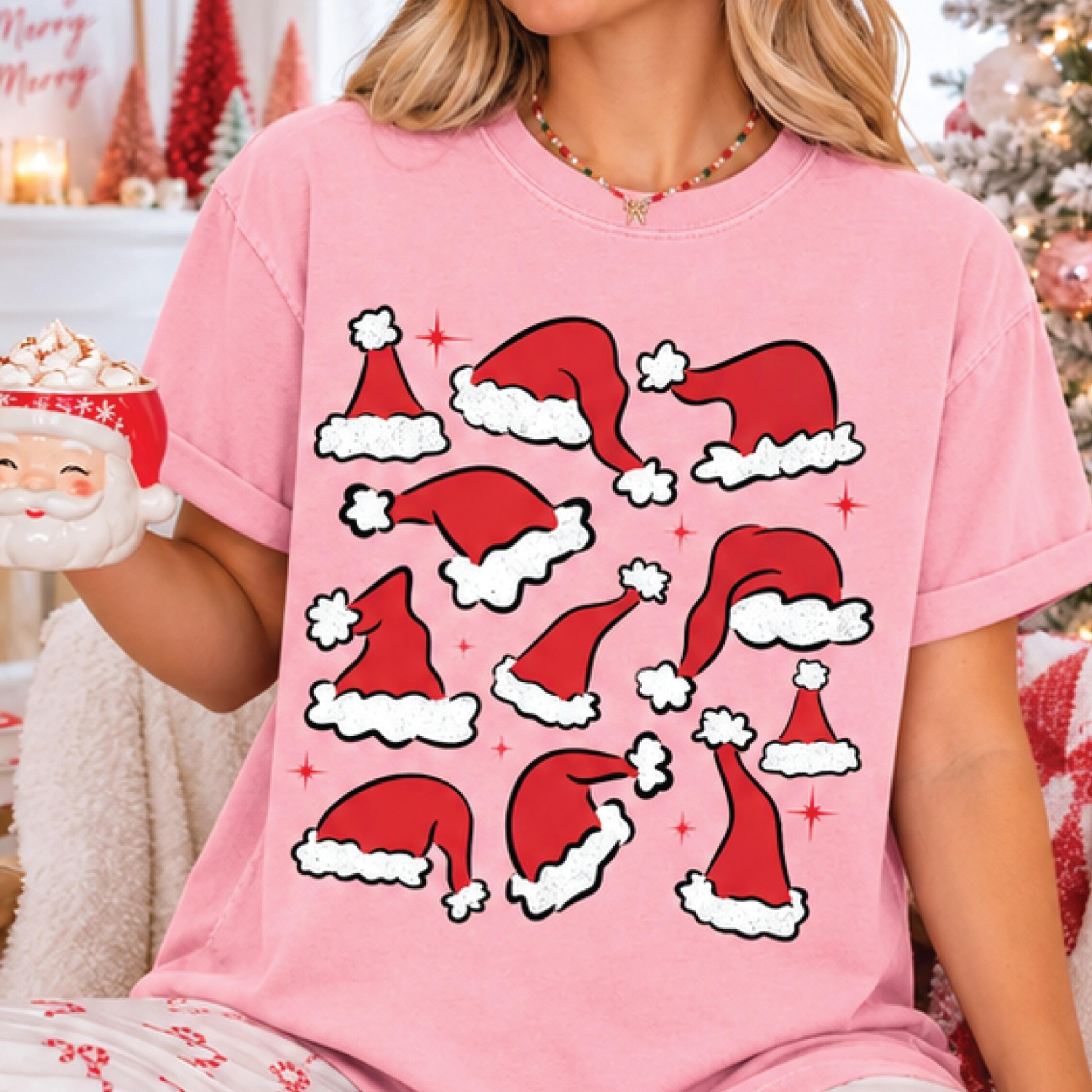 santa hats christmas t-shirt, cute festive santa hat pattern graphic tee, cozy holiday shirt, christmas party gift