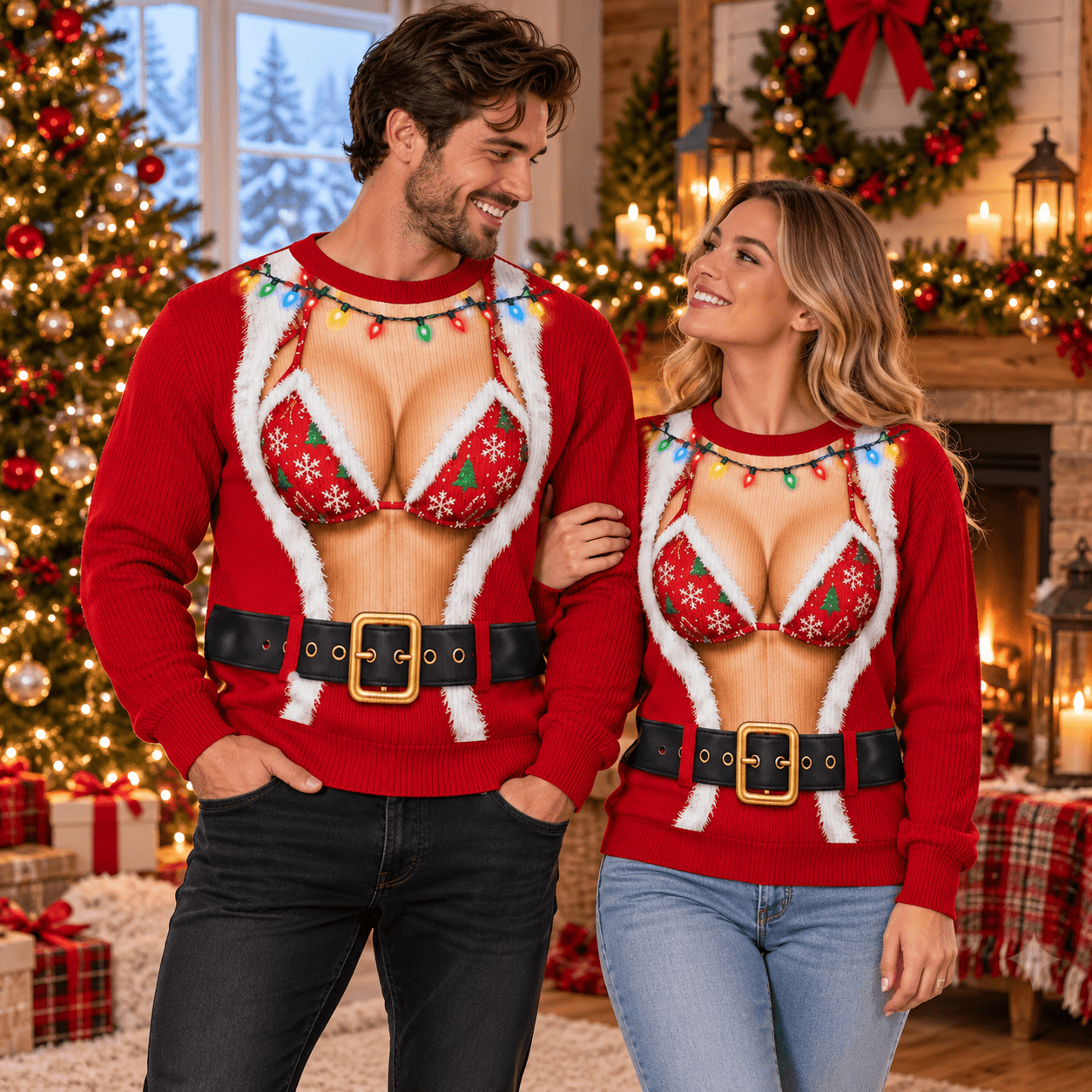 matching couples christmas sweatshirt, funny santa bikini ugly christmas sweater, his and hers holiday party outfit