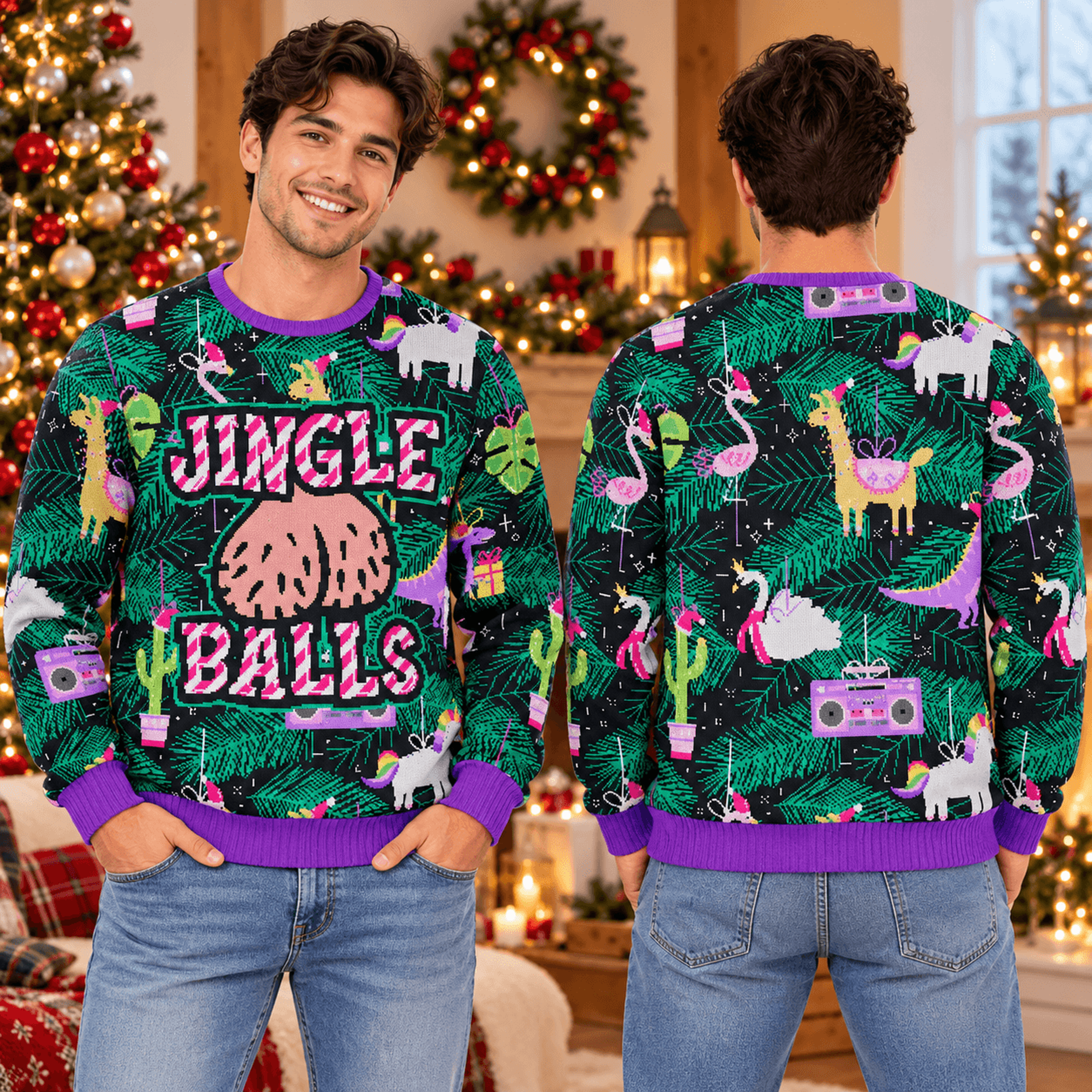 funny jingle my balls christmas sweatshirt, retro tropical ugly xmas sweater, naughty holiday party jumper, unisex