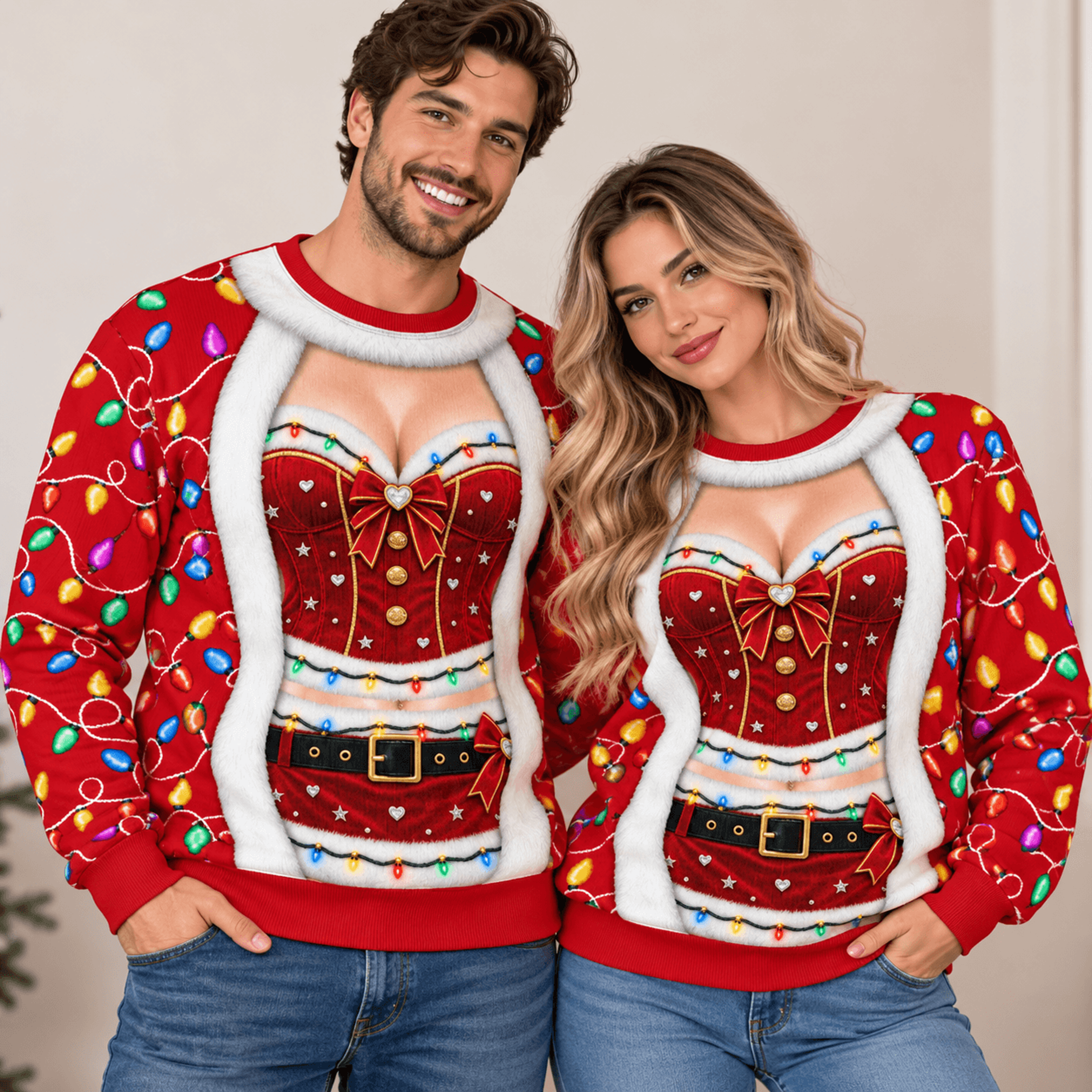 matching couples christmas sweatshirts, funny santa corset ugly xmas sweater, his and hers holiday party outfit