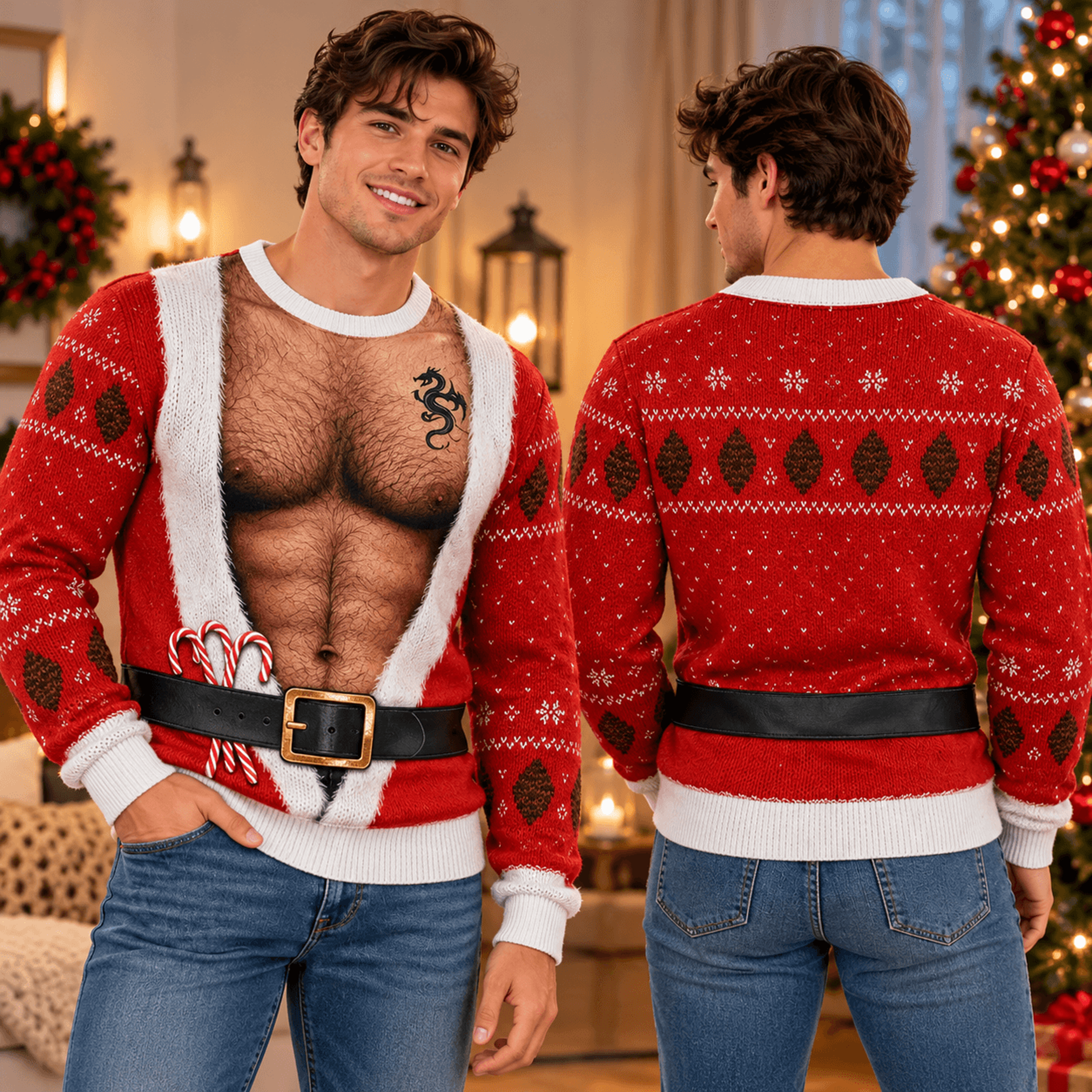 funny hairy chest santa sweatshirt for men, sexy santa body illusion ugly christmas sweater, novelty xmas party jumper
