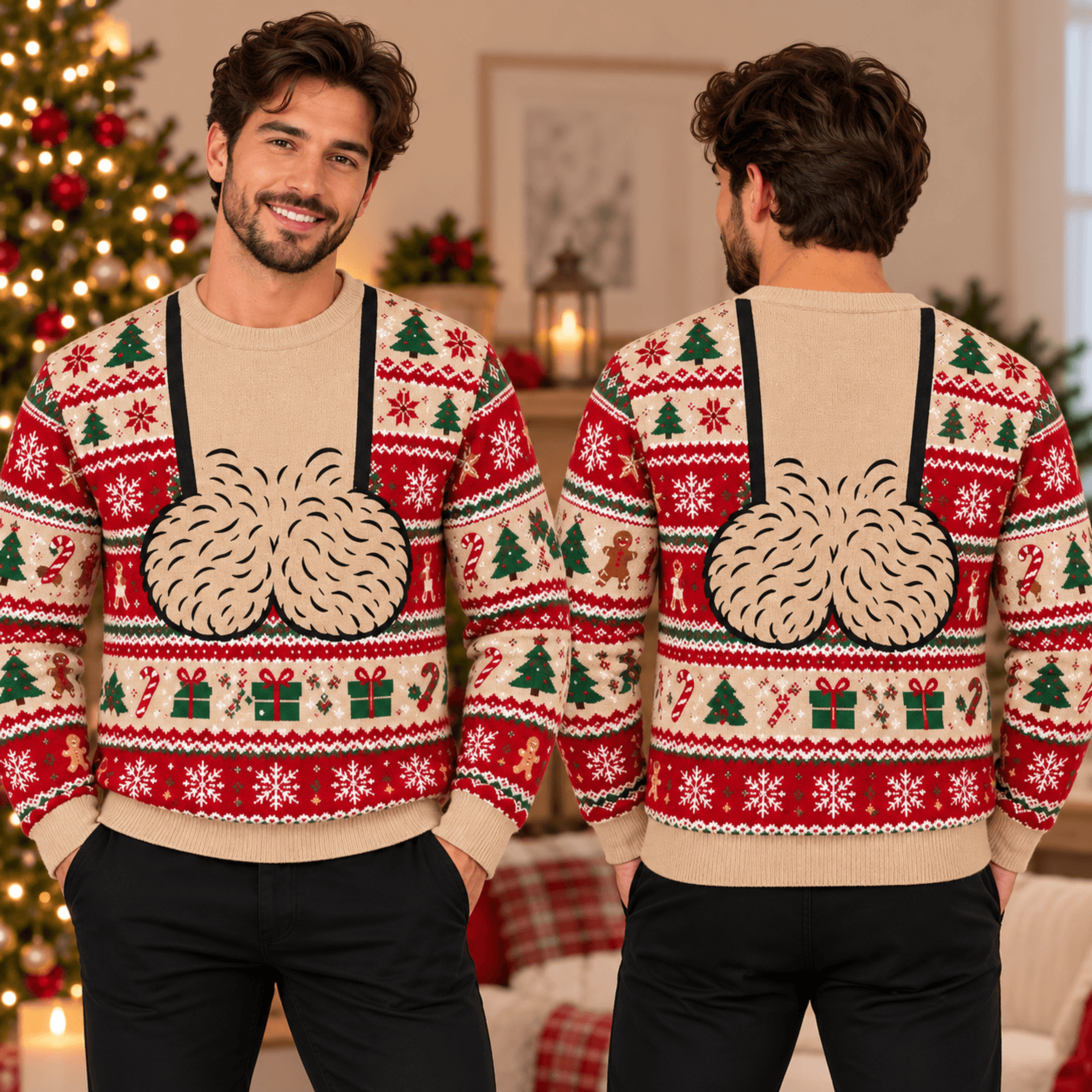 funny christmas hairy balls sweatshirt for men, ugly xmas sweater with front and back print, naughty holiday party