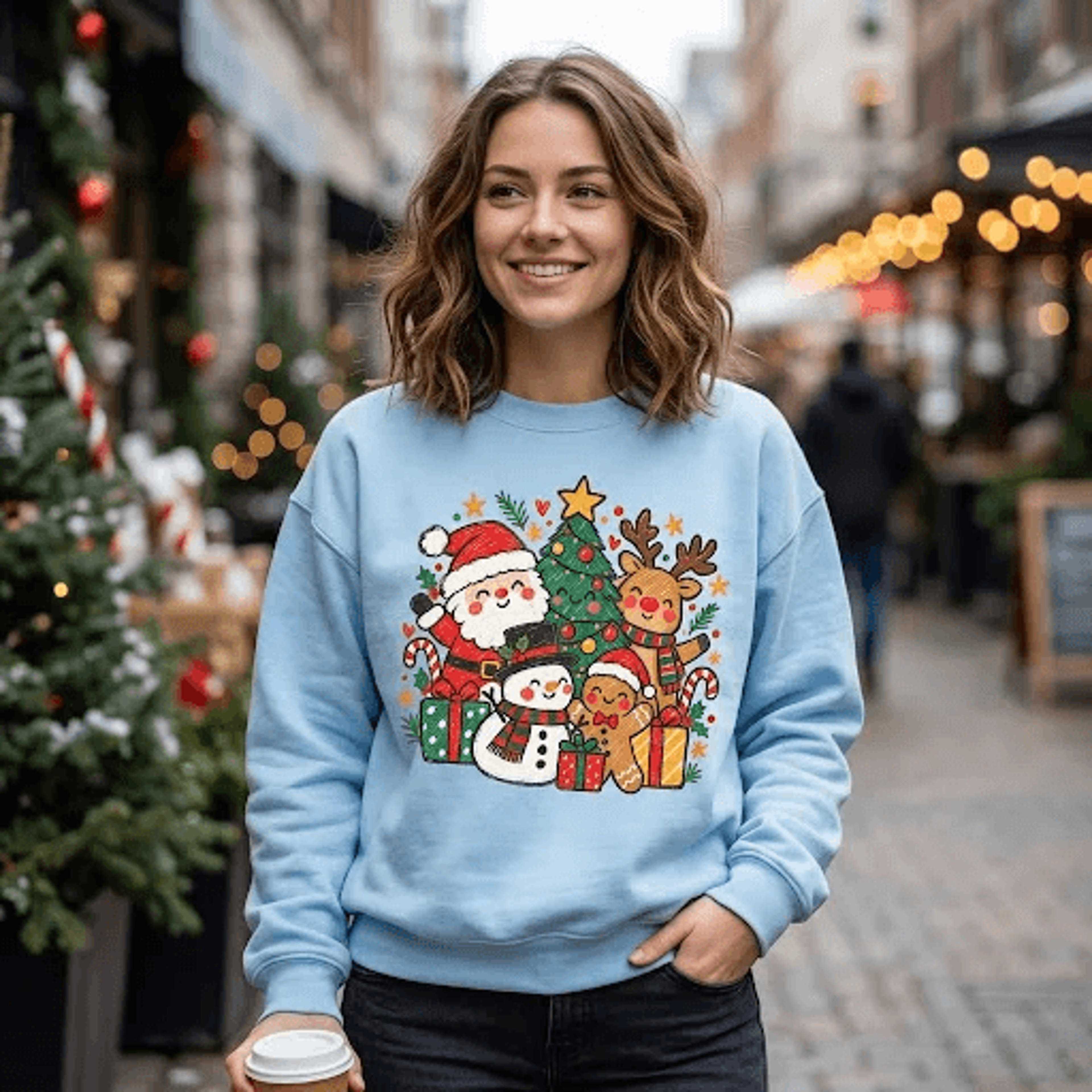 cute christmas characters sweatshirt, santa snowman reindeer gingerbread graphic crewneck, festive holiday gift