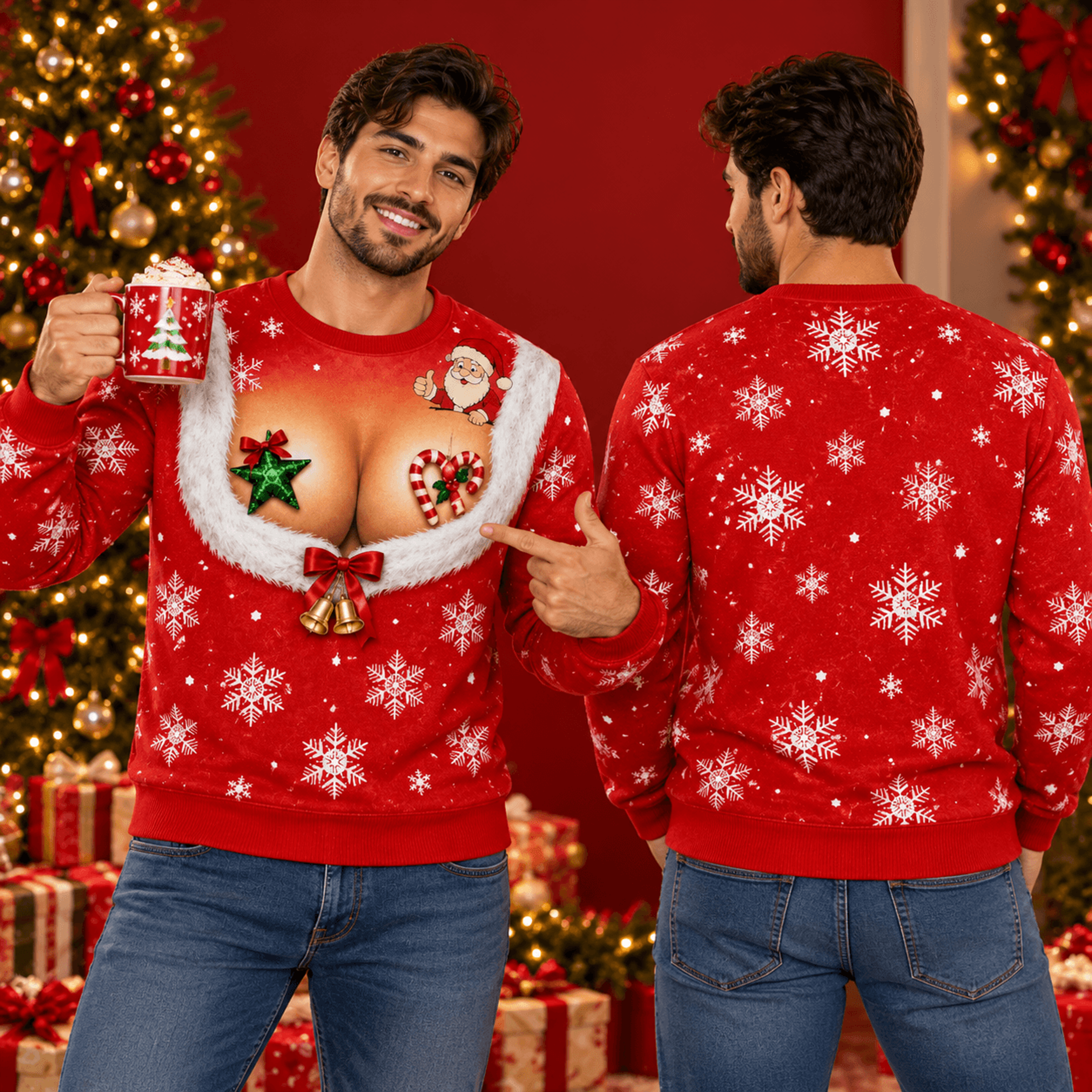 funny santa christmas chest sweatshirt for men, naughty ugly christmas sweater, adult humor holiday party outfit, gag