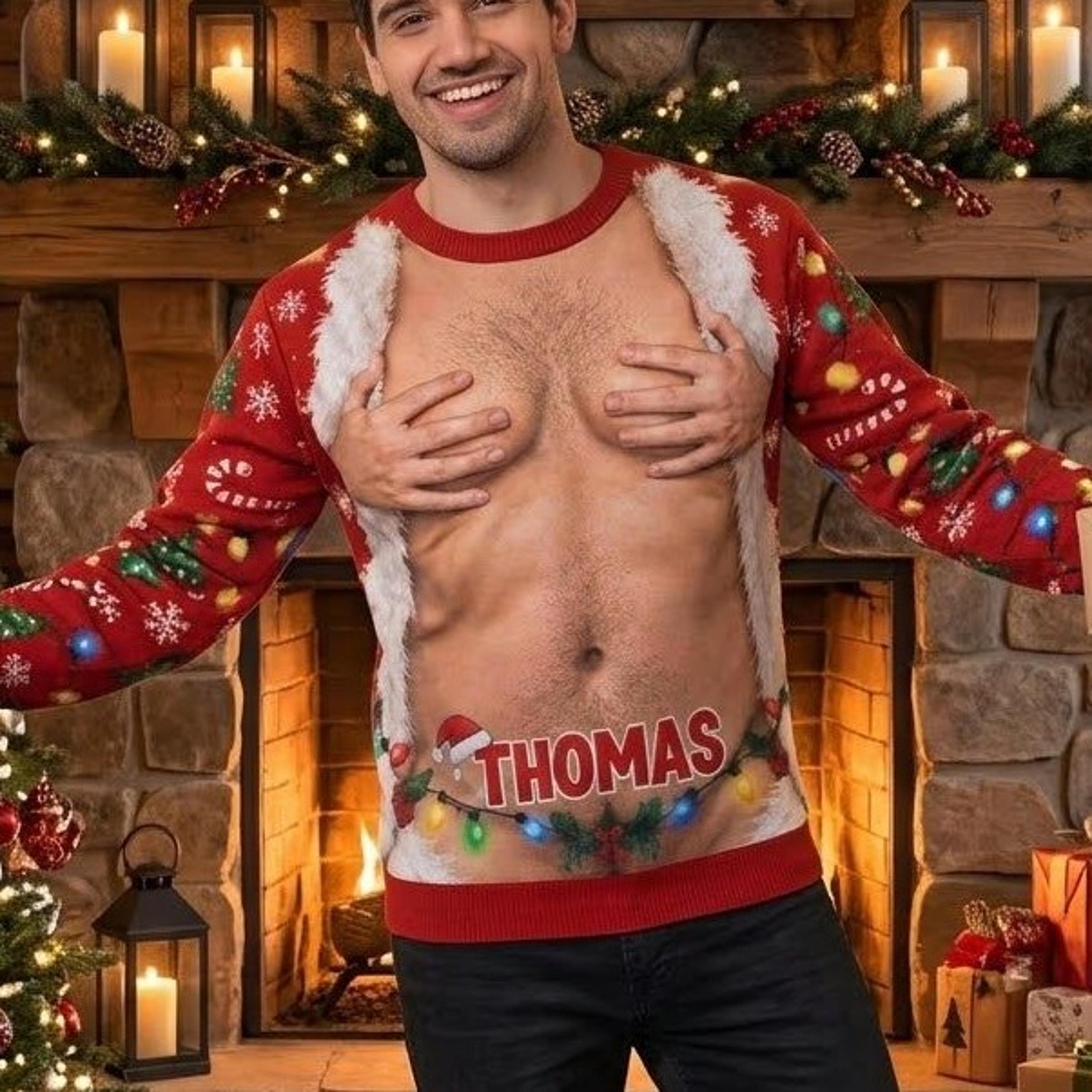 personalized funny christmas chest sweatshirt for men, custom name hairy chest illusion, naughty ugly xmas sweater
