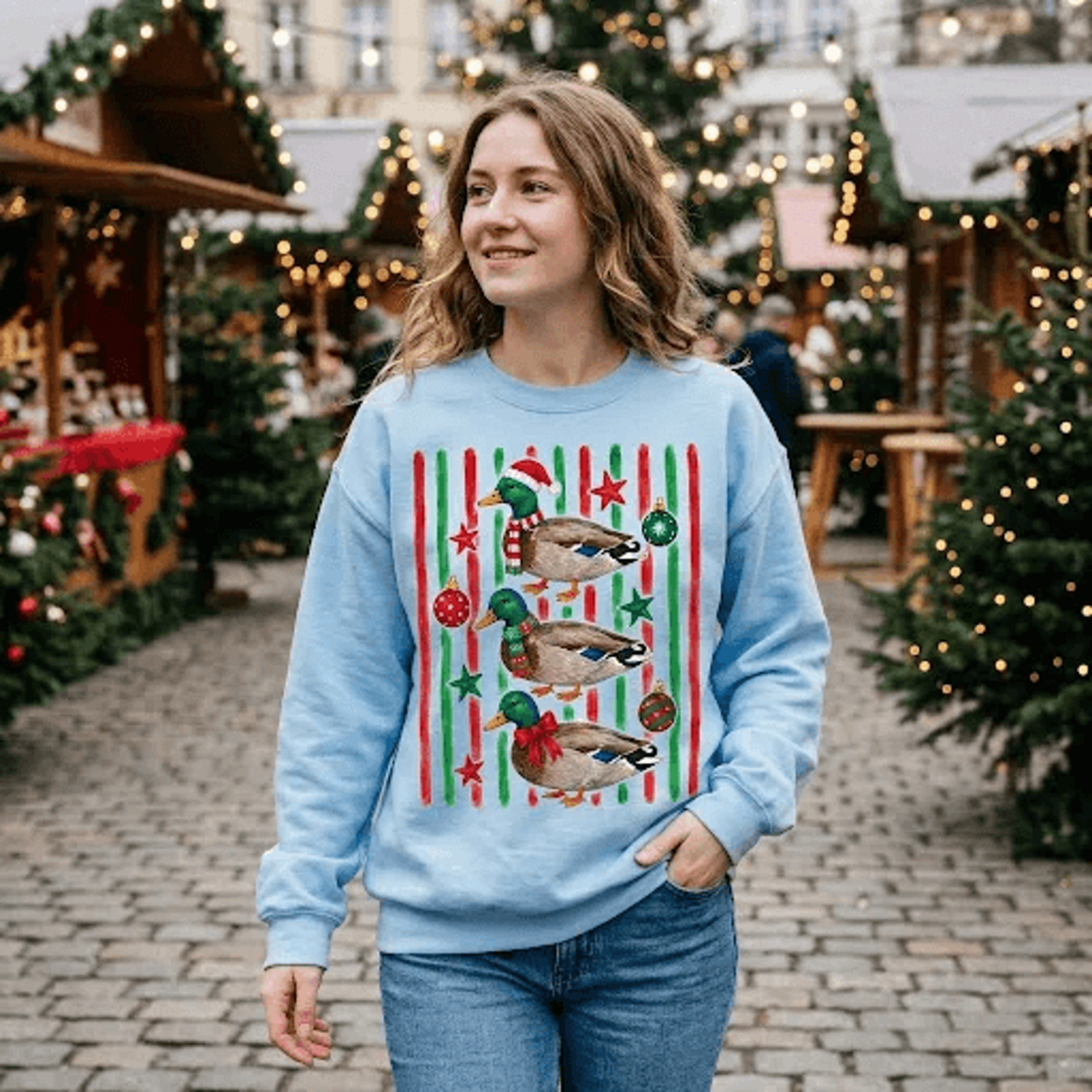 christmas ducks sweatshirt, festive mallard duck graphic crewneck, cute holiday bird lover gift, funny christmas sweater