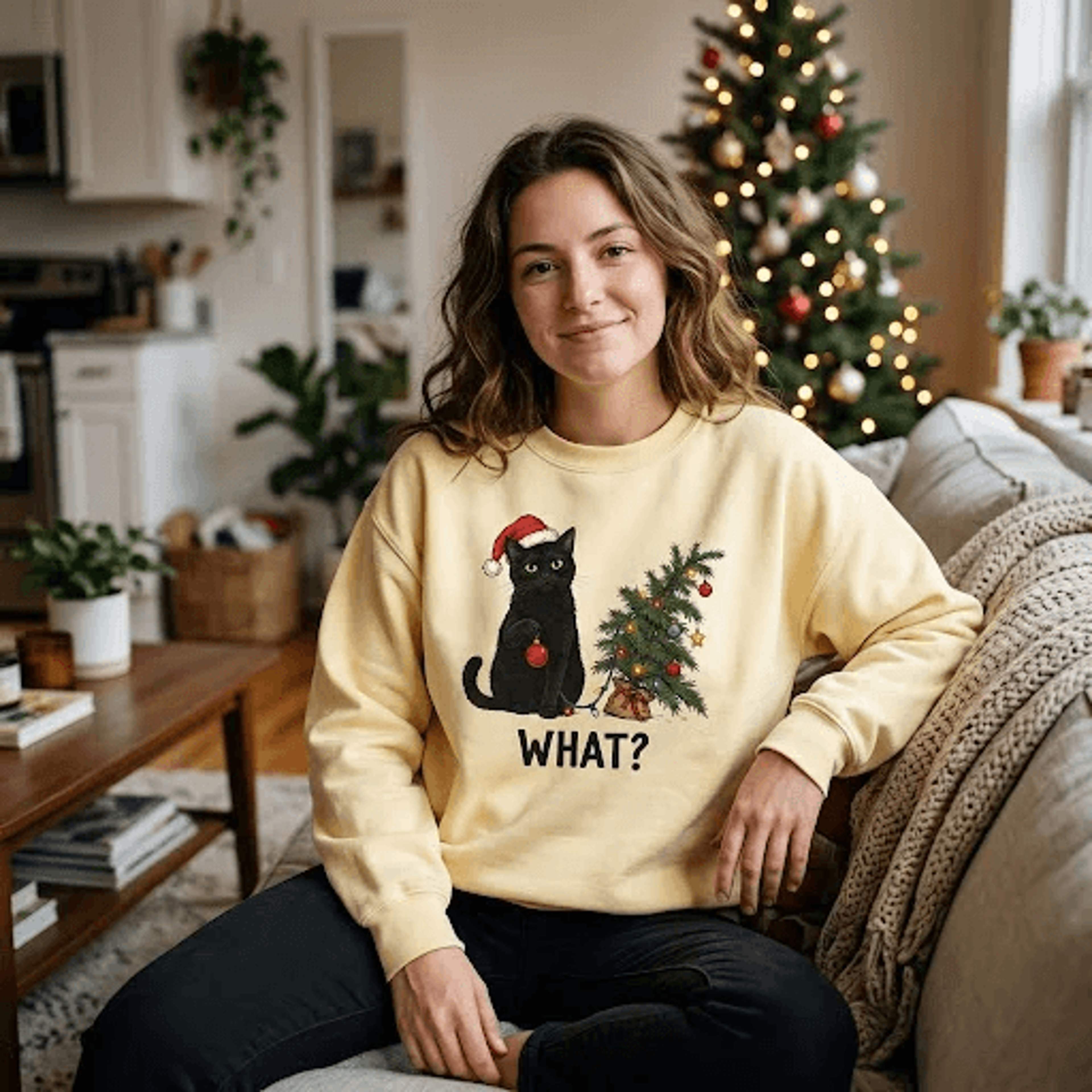 funny black cat christmas sweatshirt, what cat holiday tree graphic crewneck, cute cat lover christmas gift, unisex