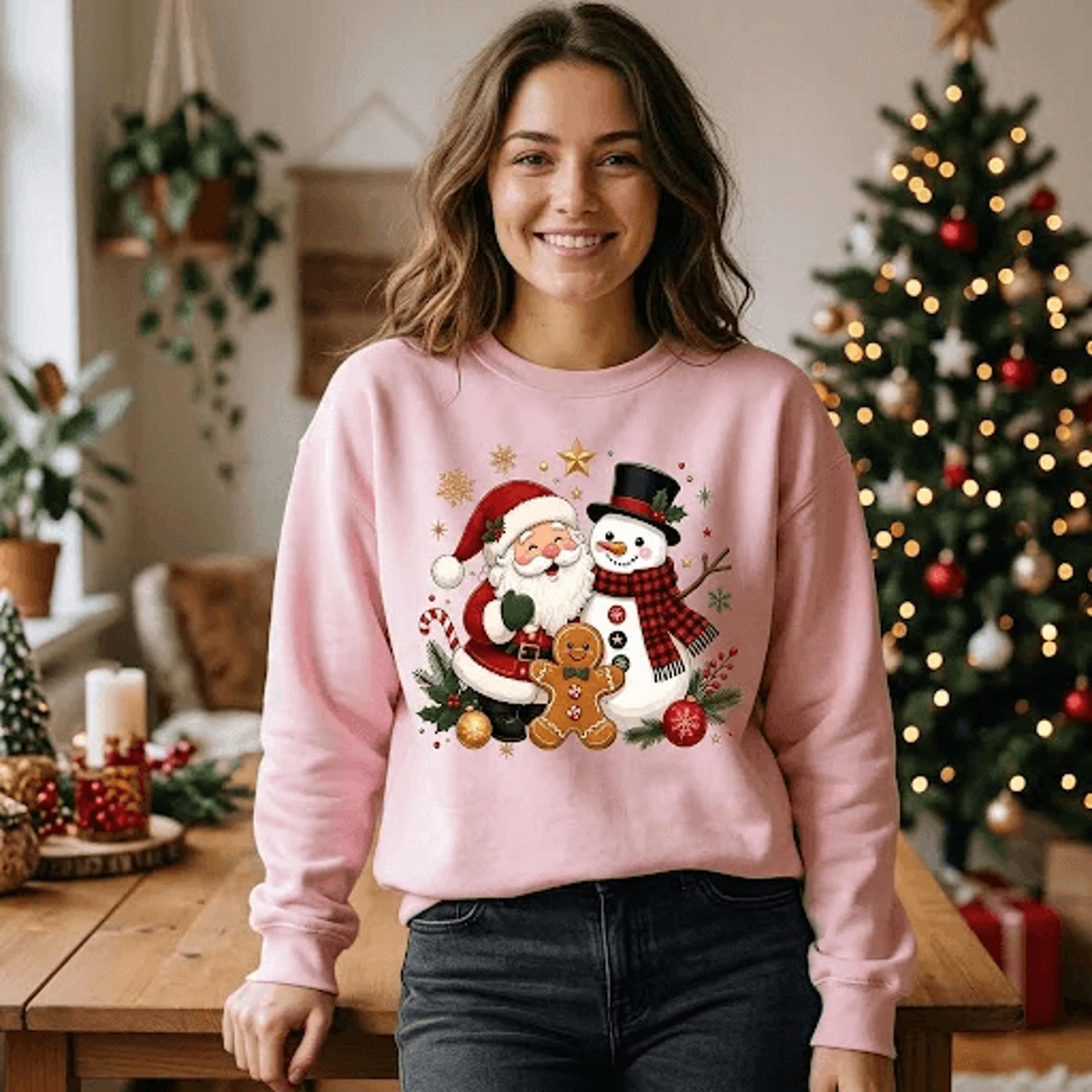 santa snowman gingerbread christmas sweatshirt, cute holiday characters graphic crewneck, festive christmas gift