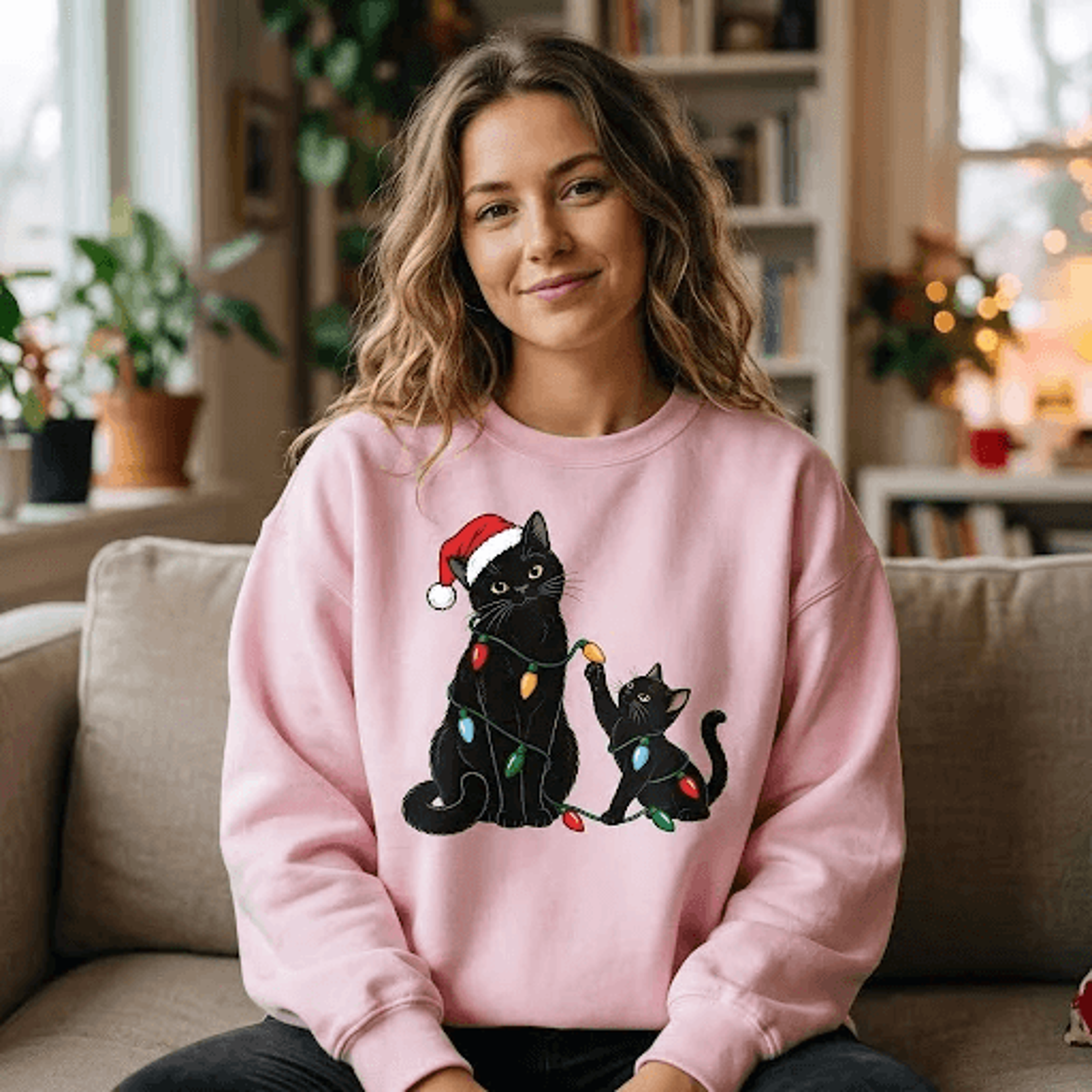 black cats christmas sweatshirt, cute santa hat cat and kitten holiday lights graphic crewneck, cat lover christmas gift