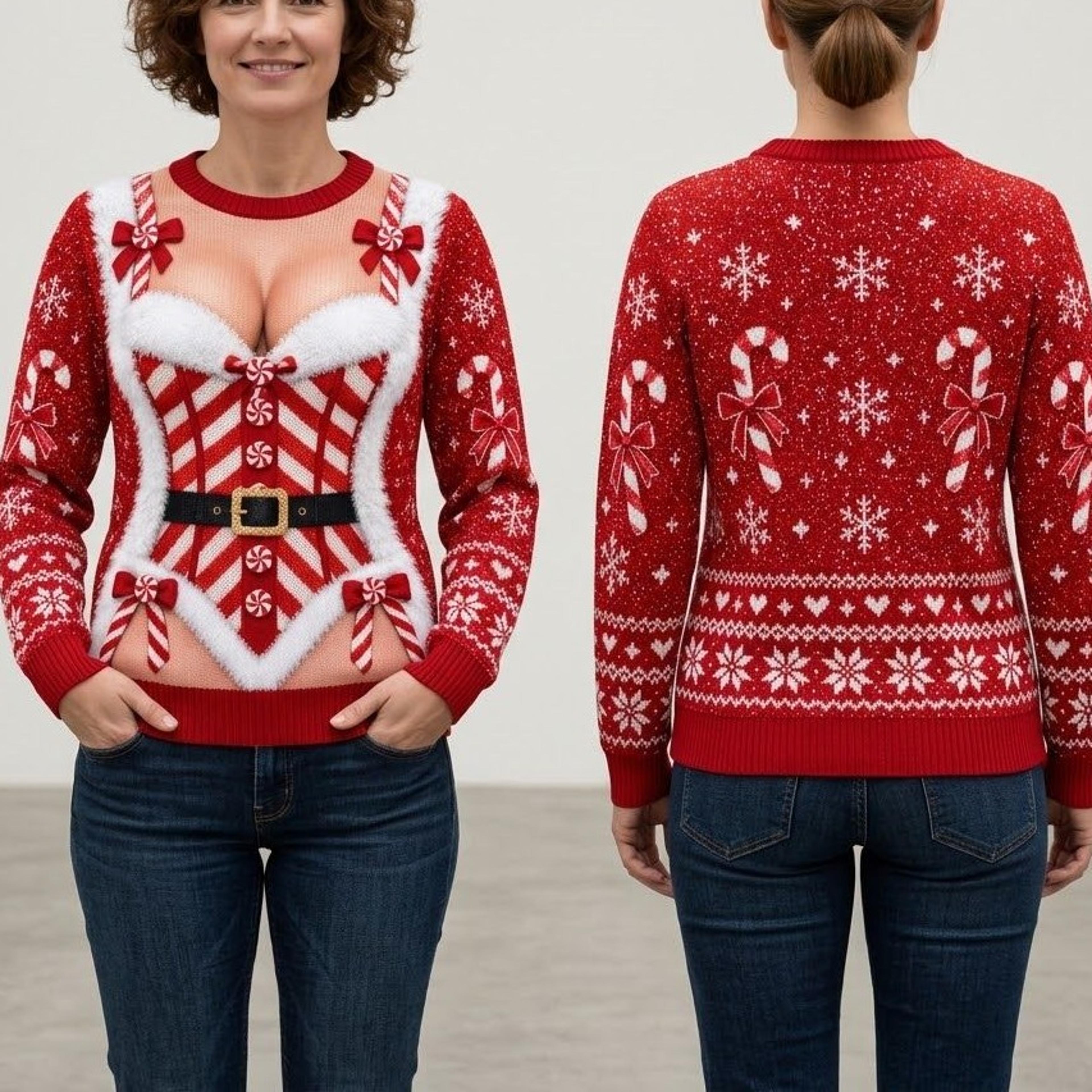 funny women's christmas corset sweatshirt, sexy santa candy cane illusion ugly christmas sweater, holiday party gag gift