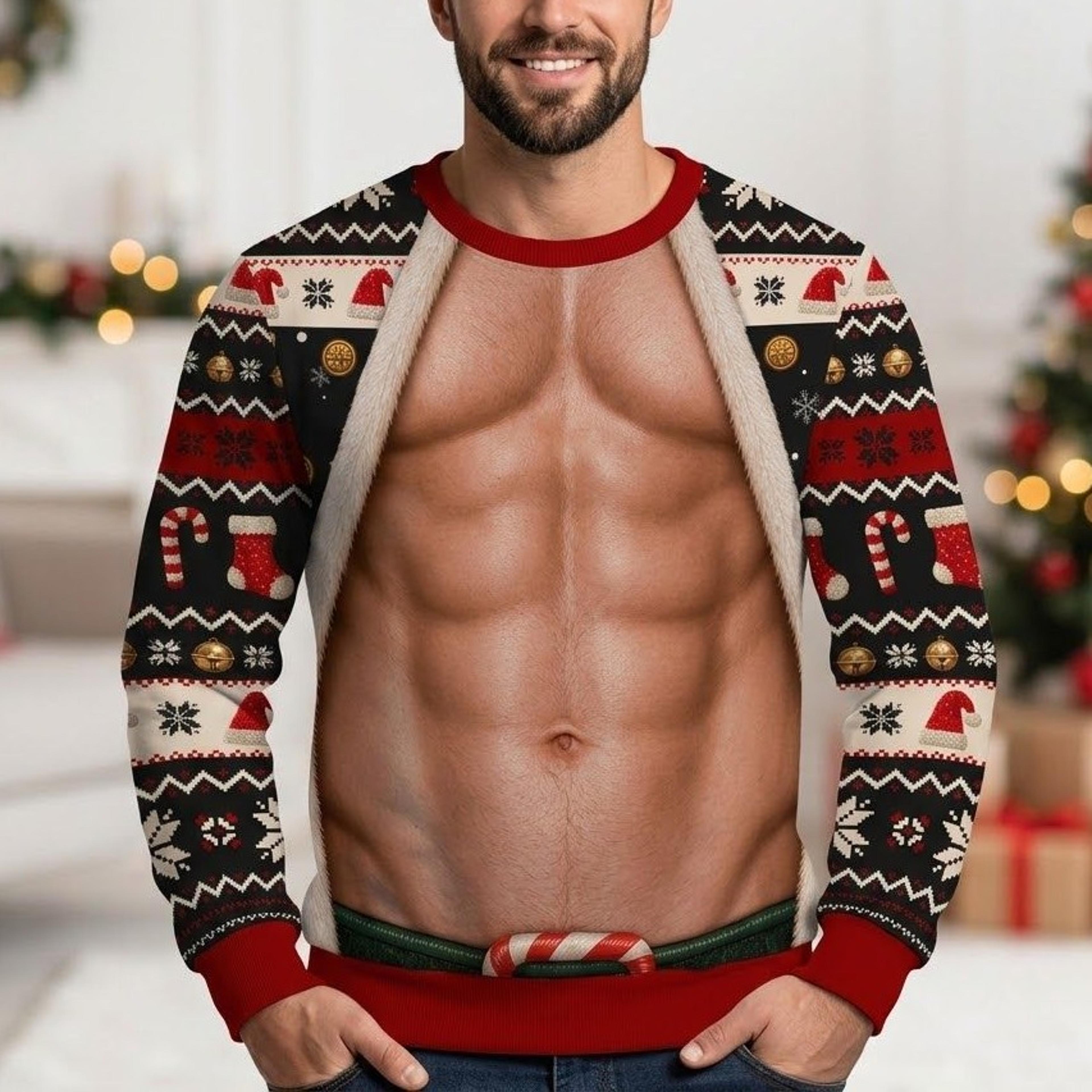 funny men's christmas six pack sweatshirt, muscular chest illusion ugly xmas sweater, holiday party outfit, gag gift for