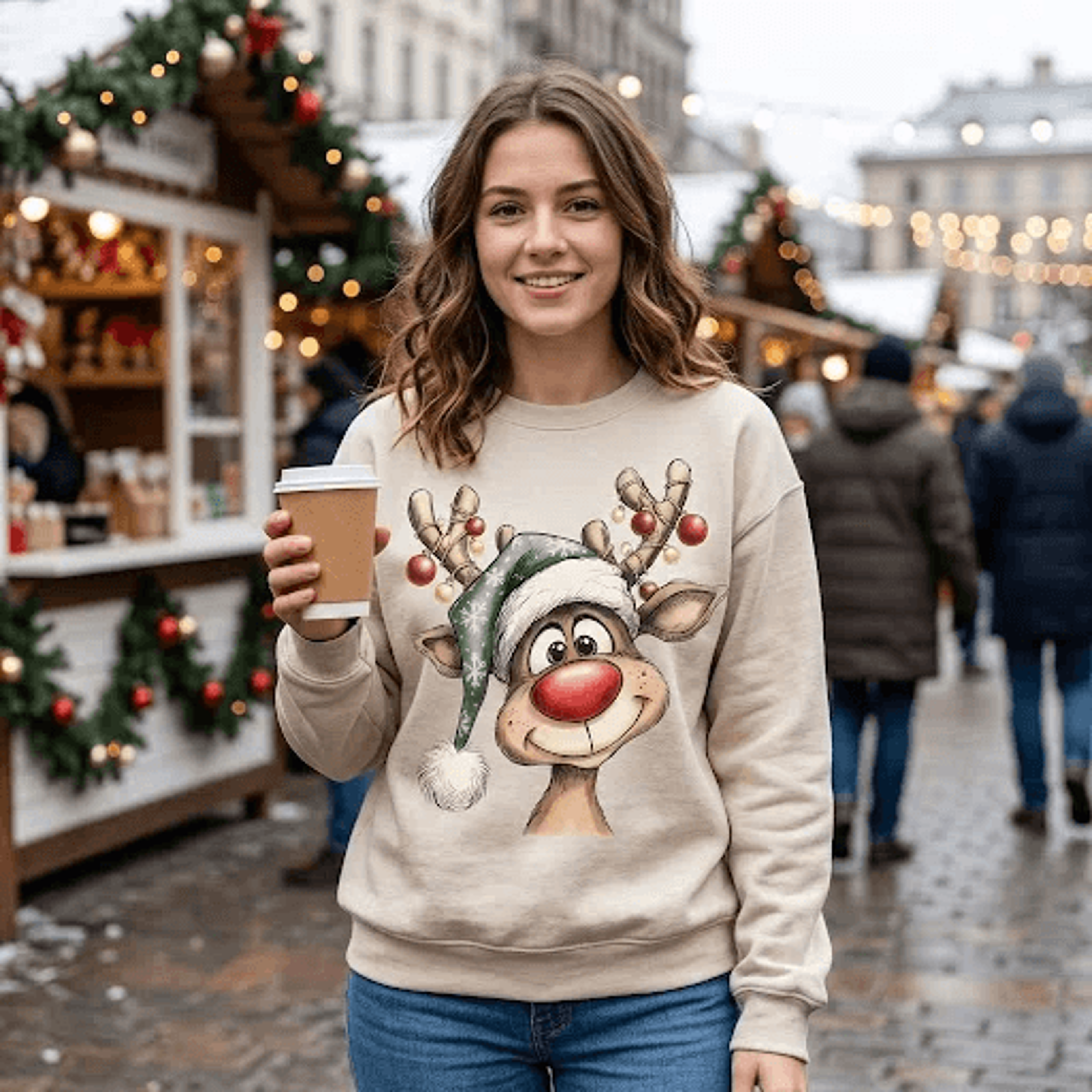 Cute Christmas Reindeer Sweatshirt Funny Rudolph Face Graphic Crewneck Festive Holiday Reindeer Swe 3