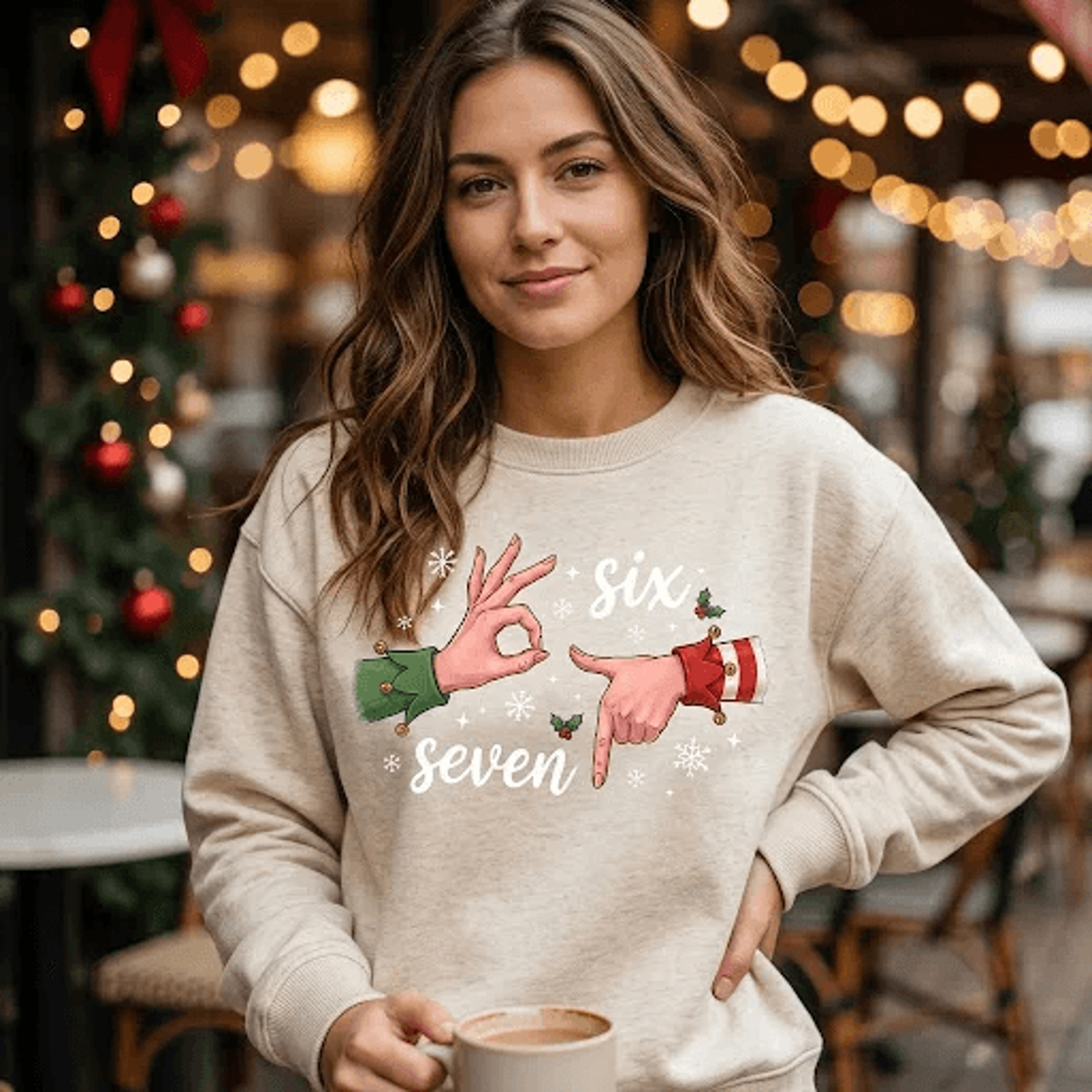 six seven christmas sweatshirt, funny 67 hand gesture graphic crewneck, trendy holiday meme sweater, unisex xmas gift