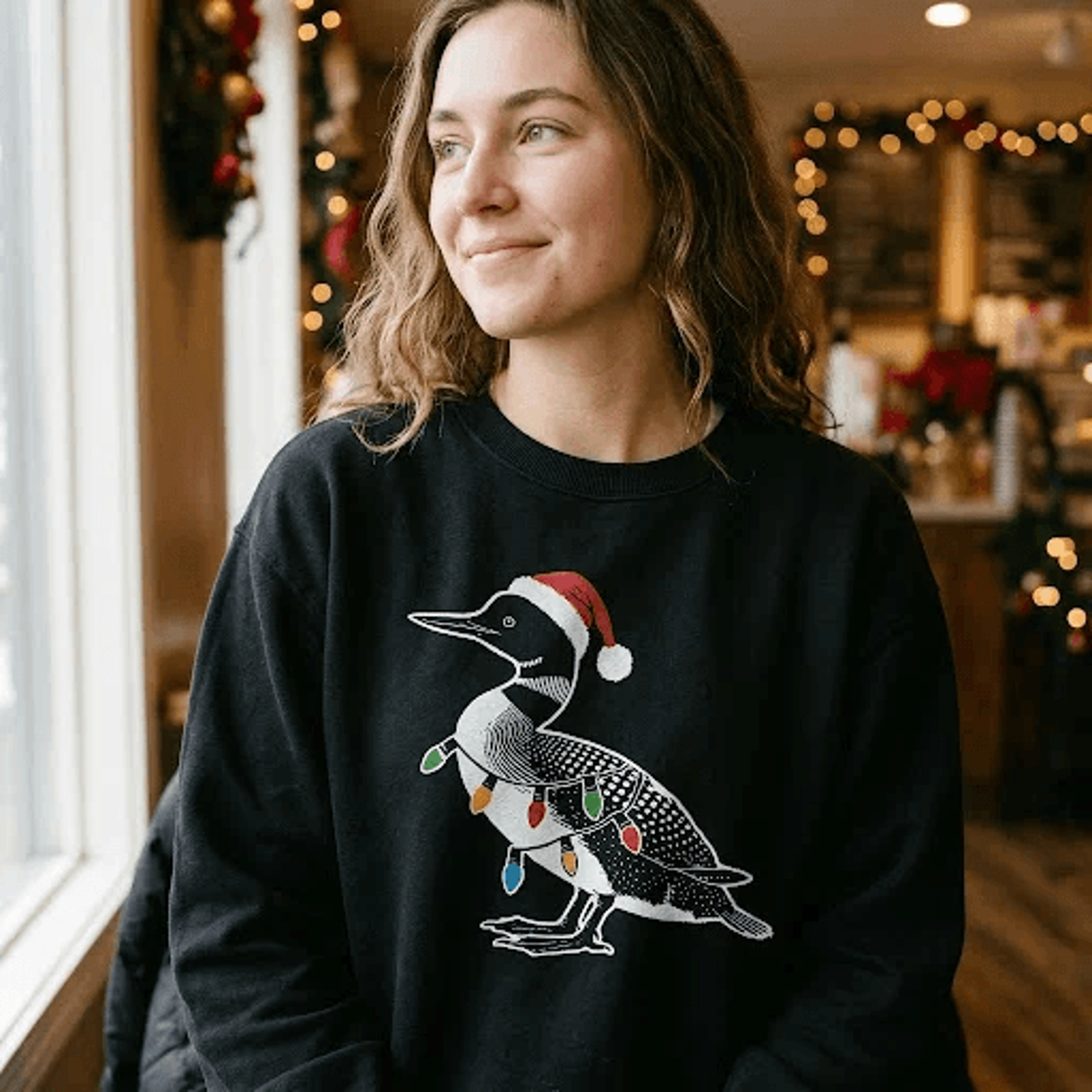 christmas crow sweatshirt, santa hat bird with holiday lights graphic crewneck, cute festive crow sweater, bird lover