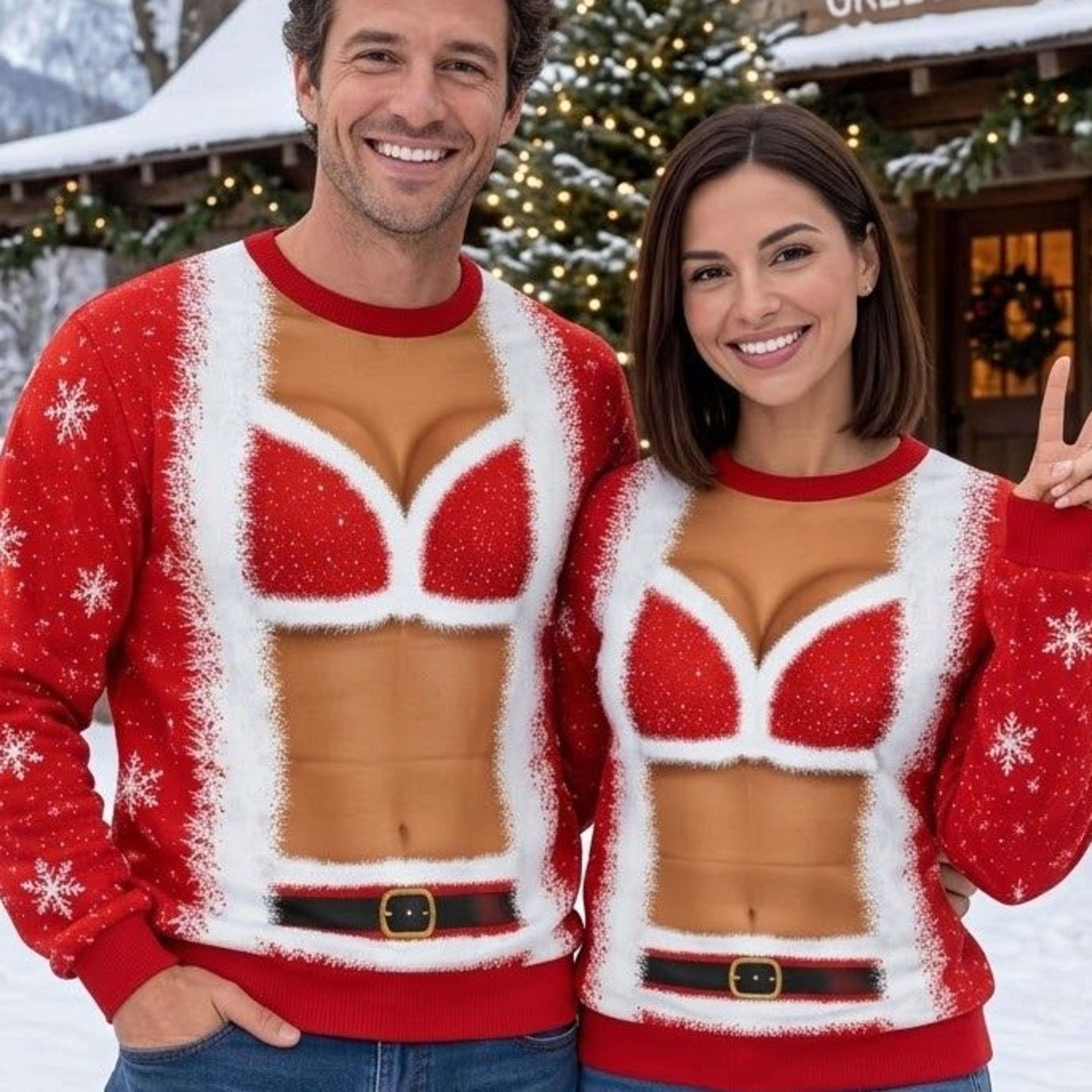 funny christmas couple sweatshirts, santa body illusion matching xmas sweaters, naughty holiday outfit, gift for him
