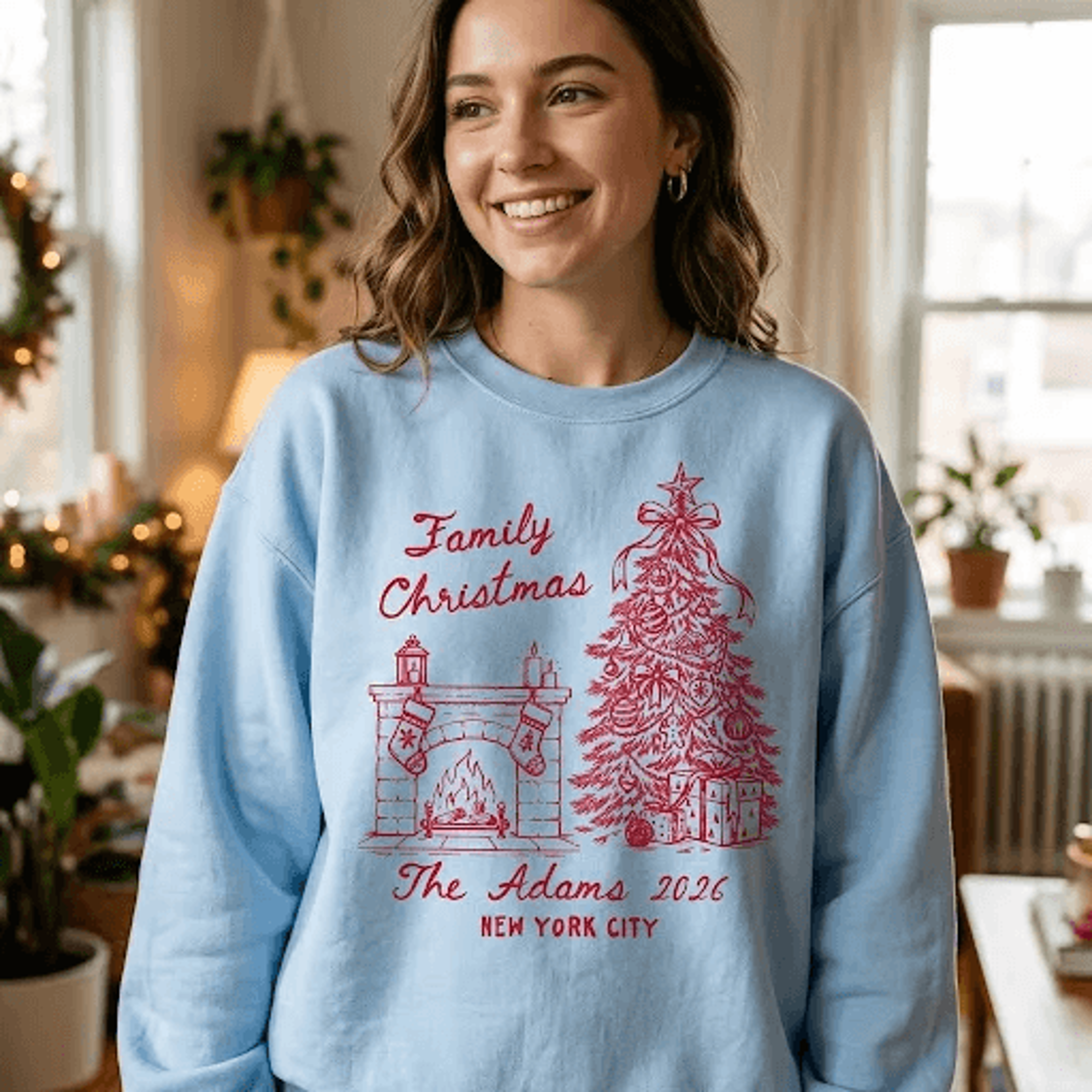 personalized family christmas sweatshirt, custom family name and year crewneck, christmas tree fireplace holiday keepsak