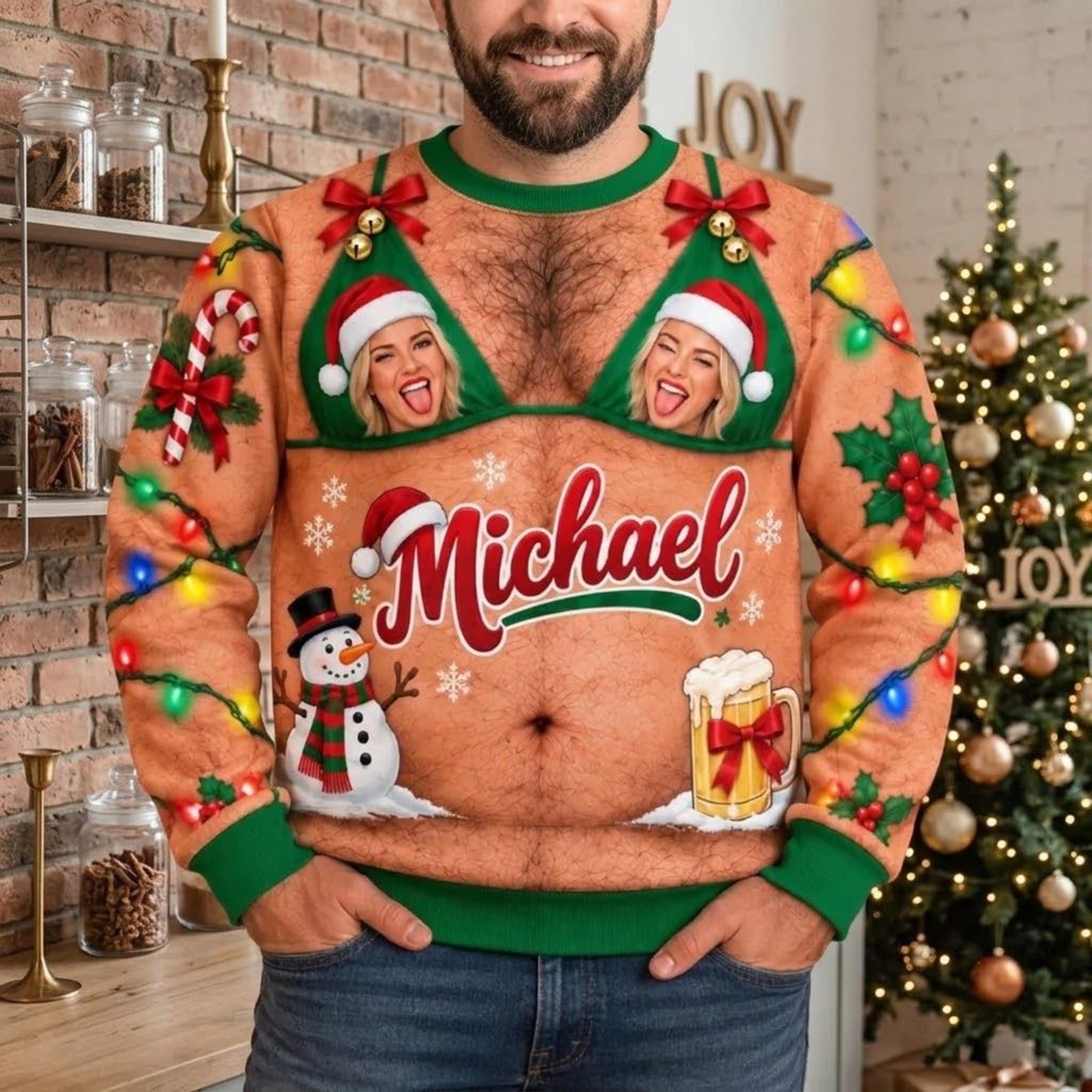 personalized funny christmas sweatshirt for men, custom name naughty santa bikini ugly xmas sweater, hilarious holiday