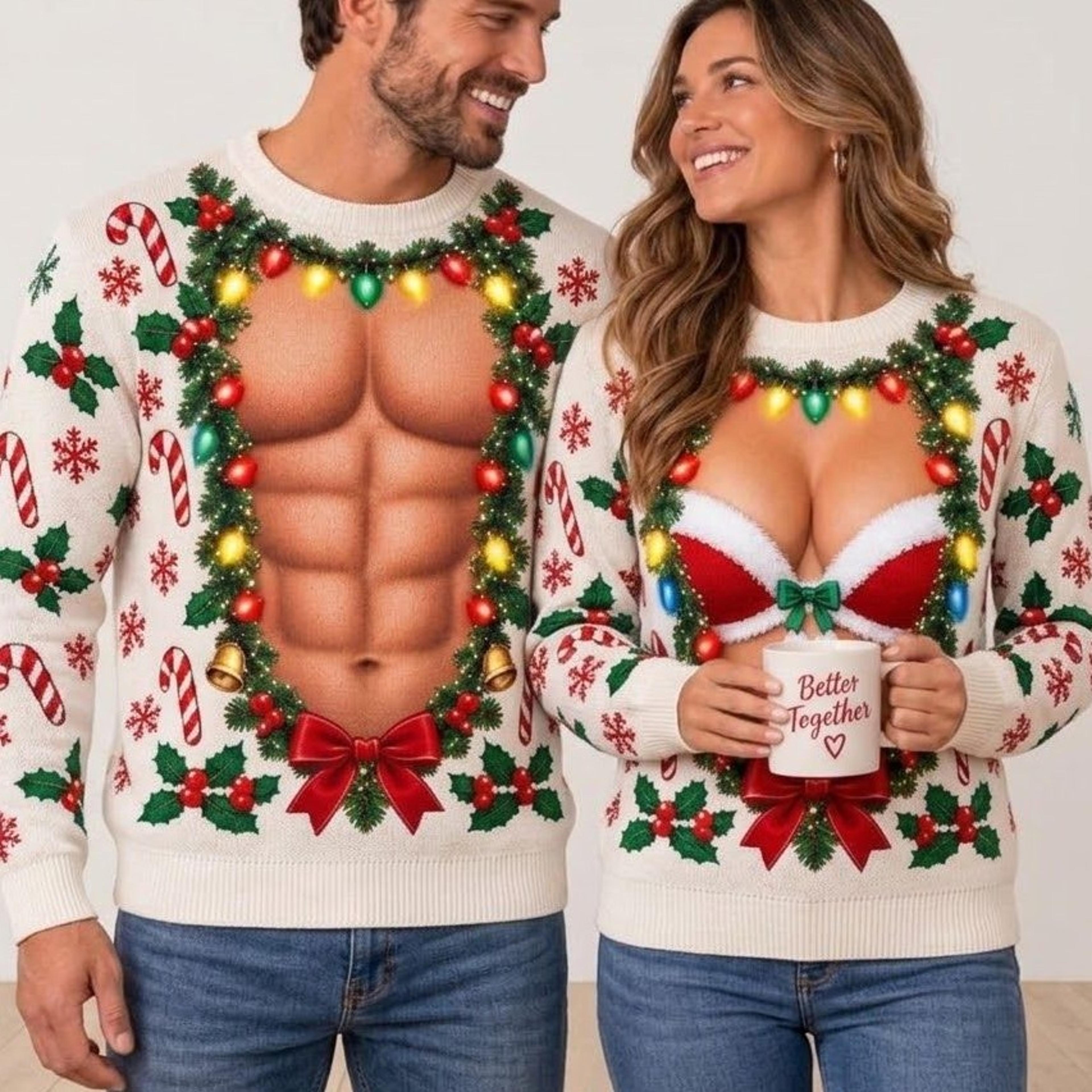 funny matching couples christmas sweatshirts, his and hers body illusion ugly xmas sweater, naughty holiday party outfit