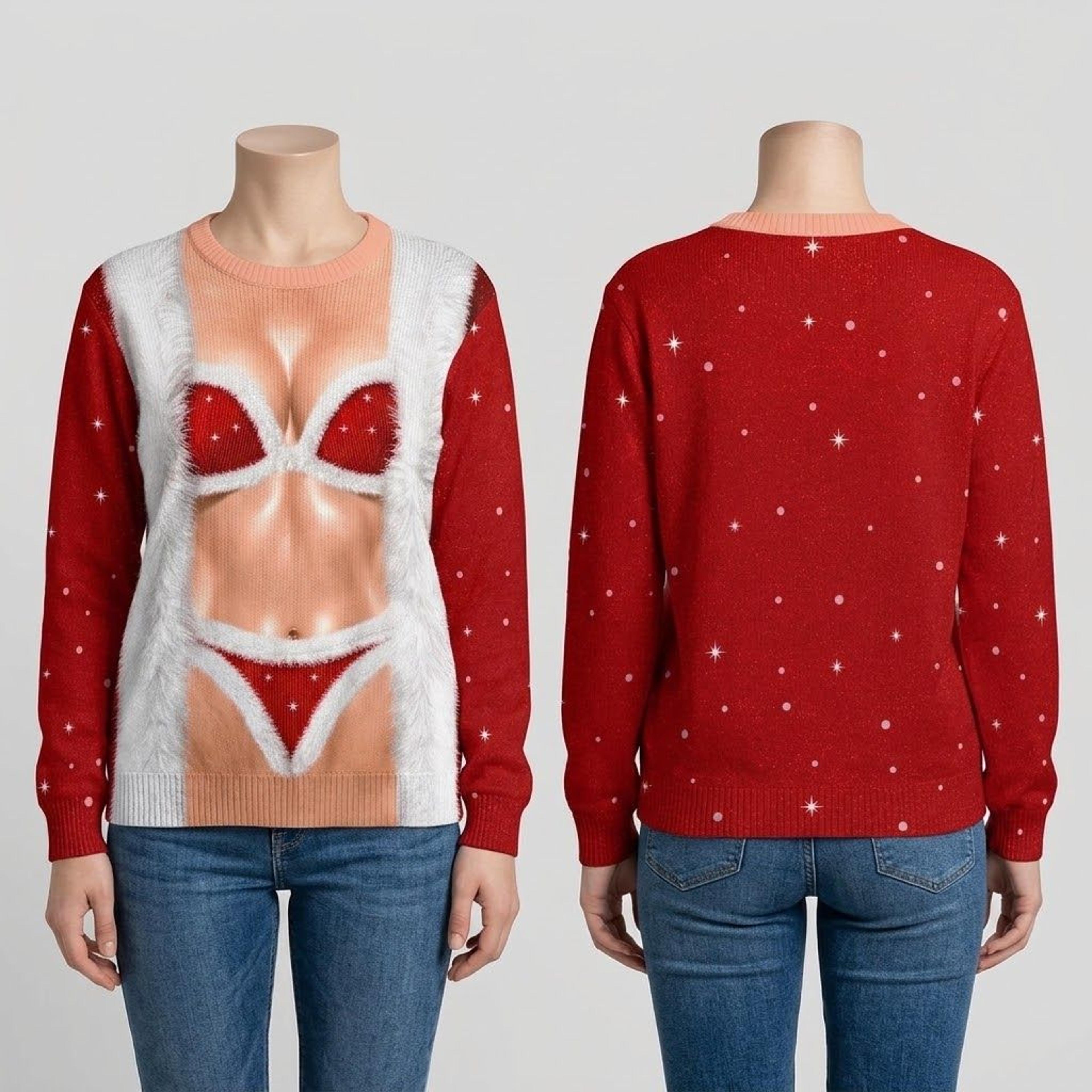 funny santa bikini christmas sweatshirt for women, naughty body illusion ugly xmas sweater, festive holiday party gift