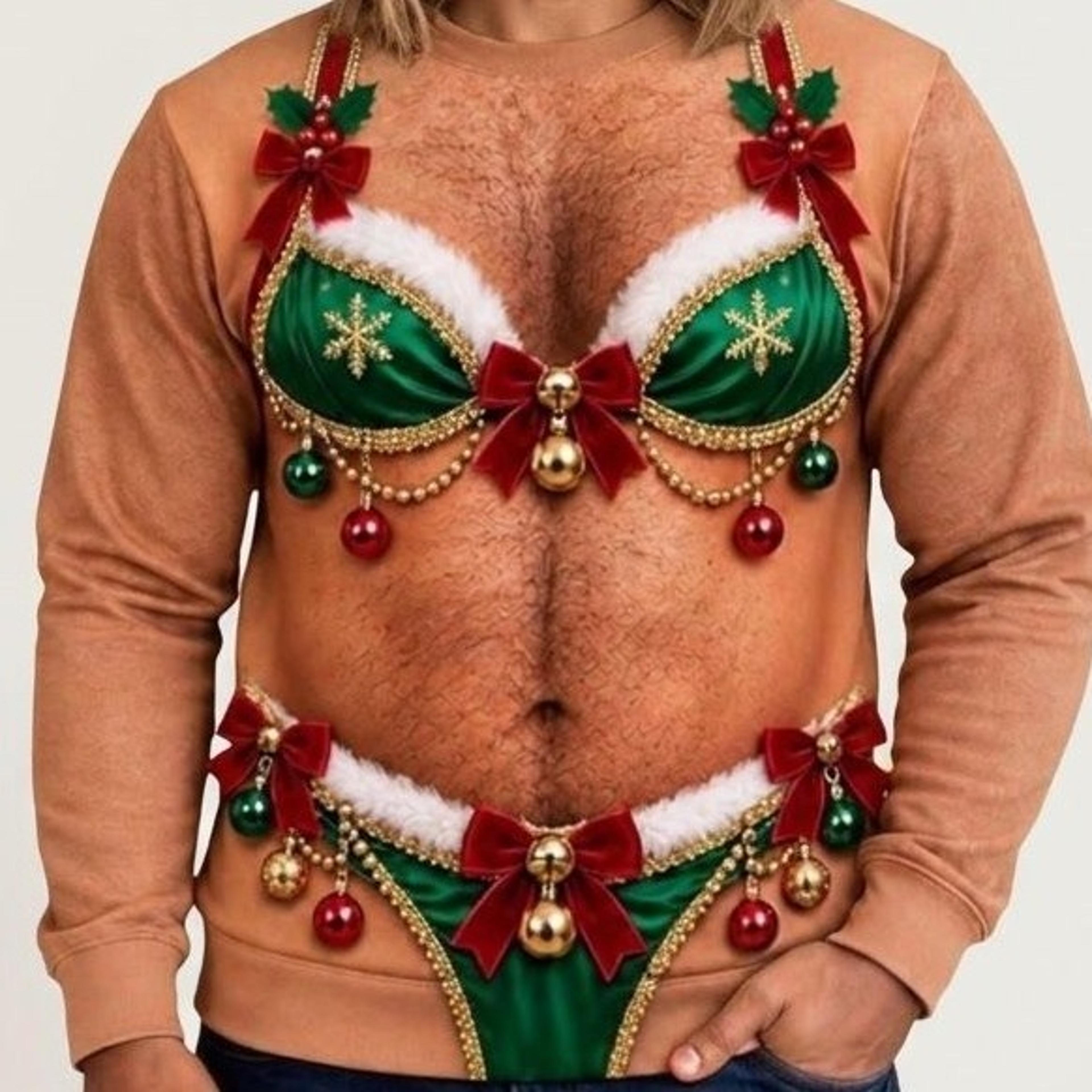funny hairy chest christmas sweatshirt, elf bikini body illusion ugly christmas sweater, adult humor holiday party outfi