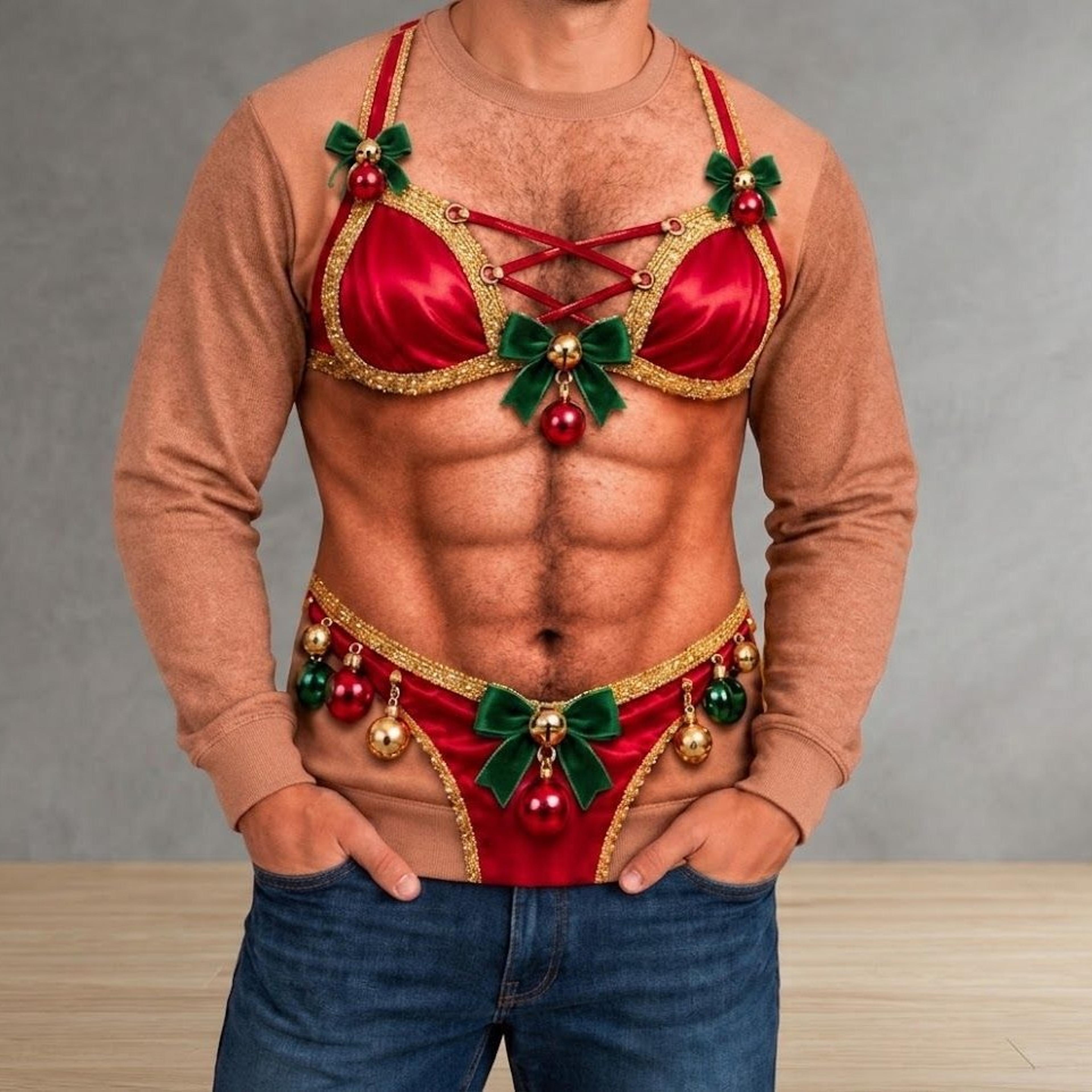 funny christmas muscle illusion sweatshirt, sexy elf bikini ugly christmas sweater, adult humor holiday party outfit