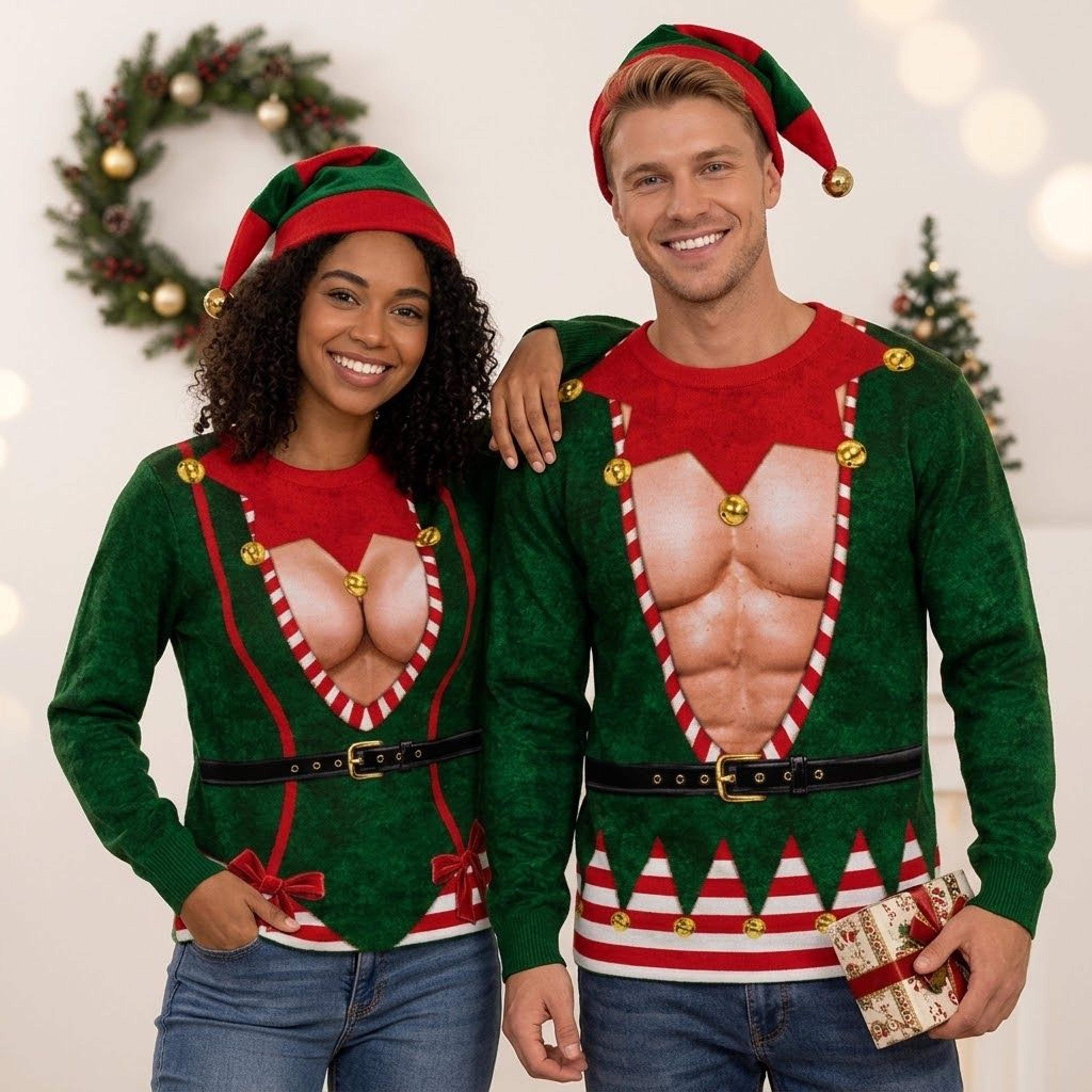 matching christmas elf couple sweatshirts, funny his and hers elf costume illusion sweater, ugly christmas party outfit