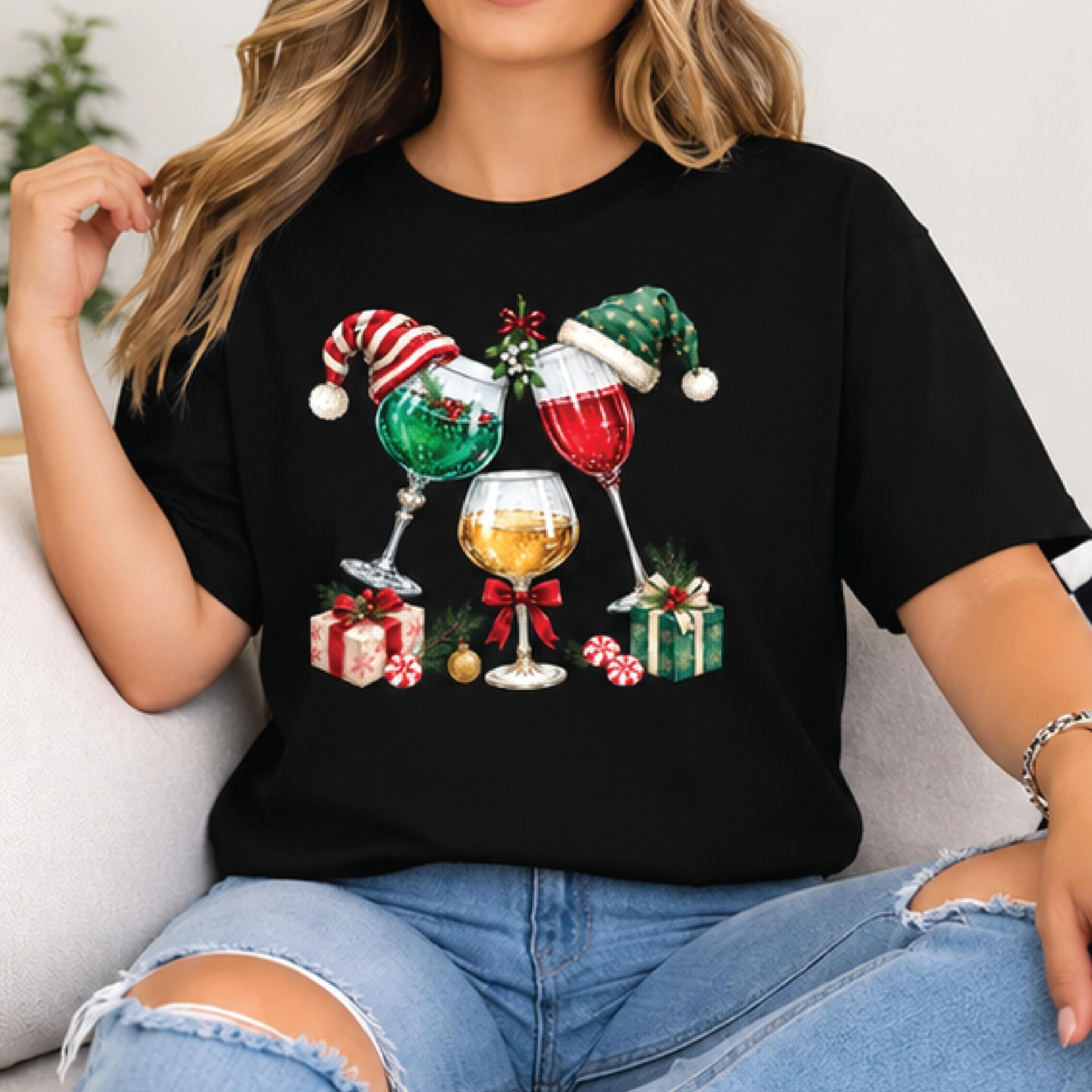christmas wine glasses t-shirt, festive holiday cheers graphic tee, santa hat cocktail party shirt, christmas drinks