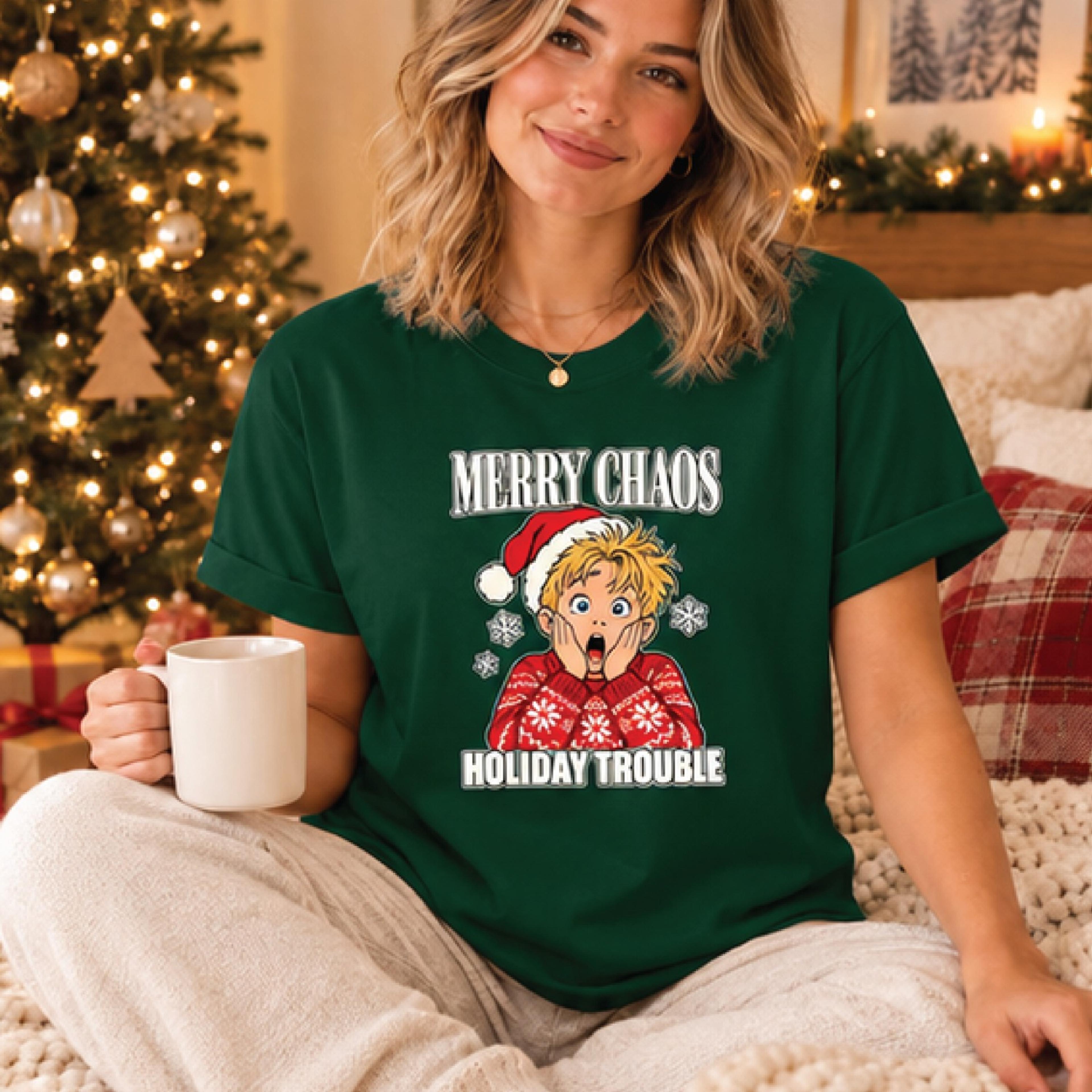 merry chaos holiday trouble t-shirt, funny christmas movie inspired graphic tee, festive retro holiday humor shirt, xmas