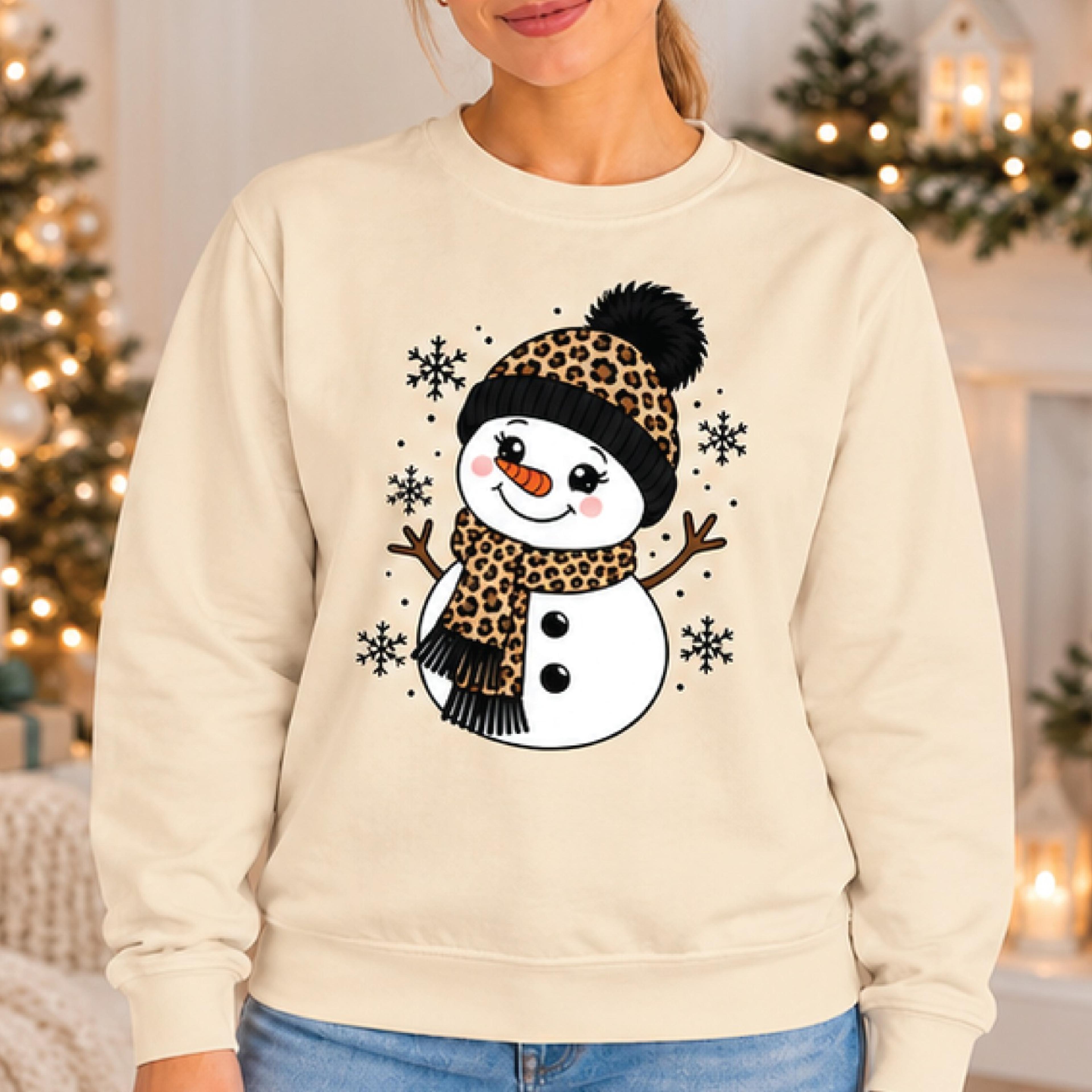 cute leopard print snowman sweatshirt, christmas snowman graphic pullover, winter holiday sweater, cozy festive gift