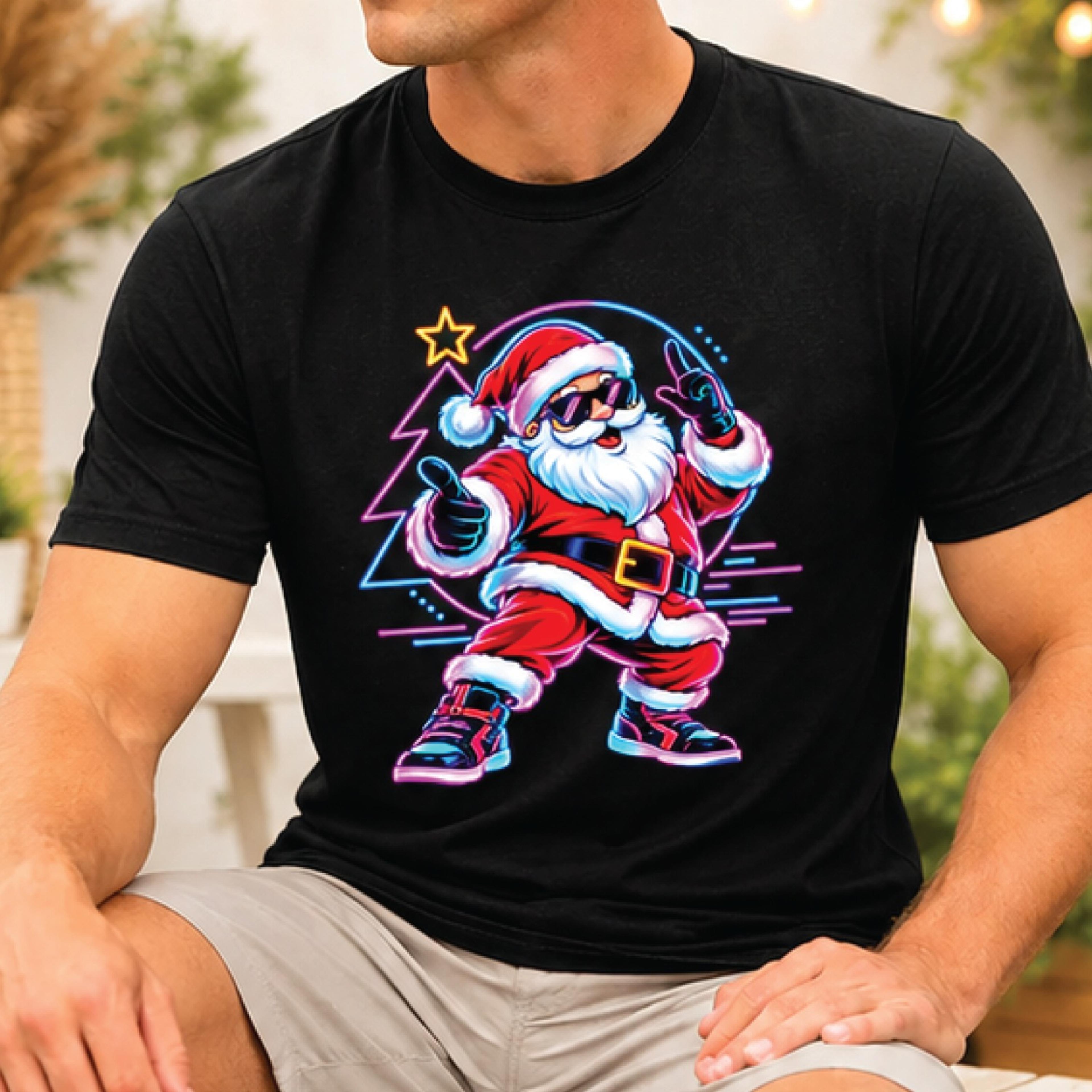 retro neon santa claus t-shirt, cool dancing santa graphic tee, funny christmas shirt, vintage 80s holiday gift