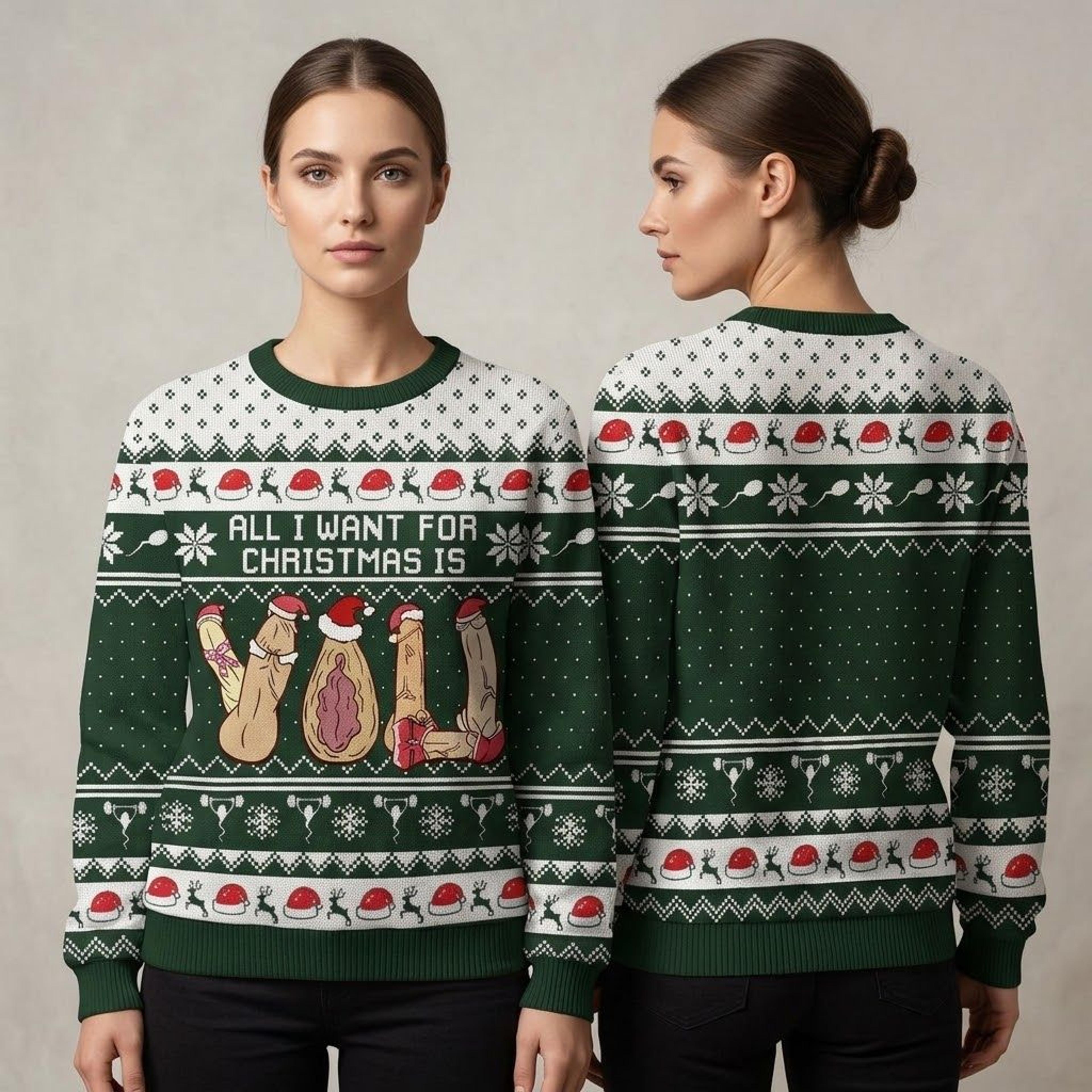 funny adult ugly christmas sweater, all i want for christmas is you naughty xmas sweatshirt, rude holiday party gift
