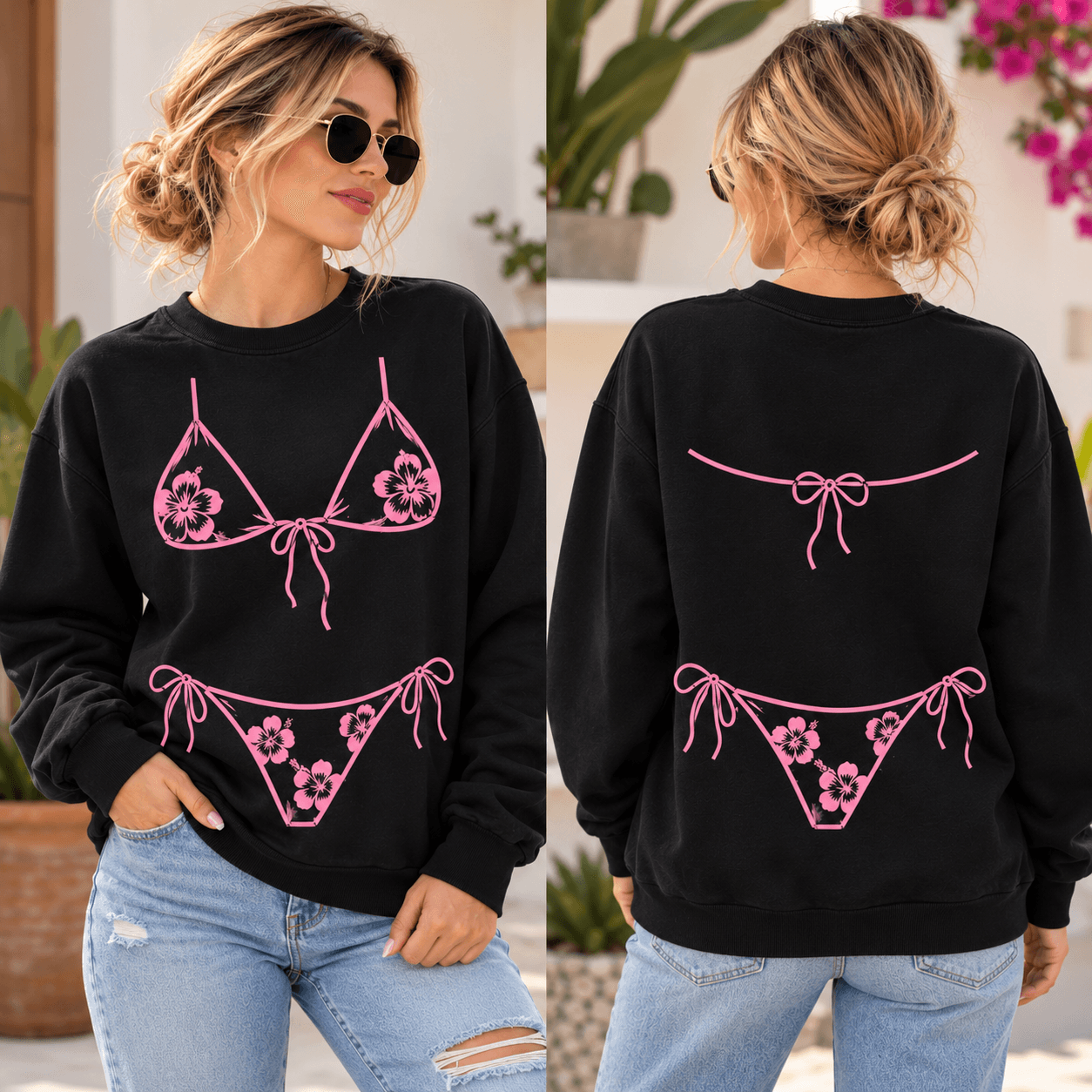 floral bikini print sweatshirt for women, funny summer beach outfit illusion, tropical hibiscus front and back sweatshir
