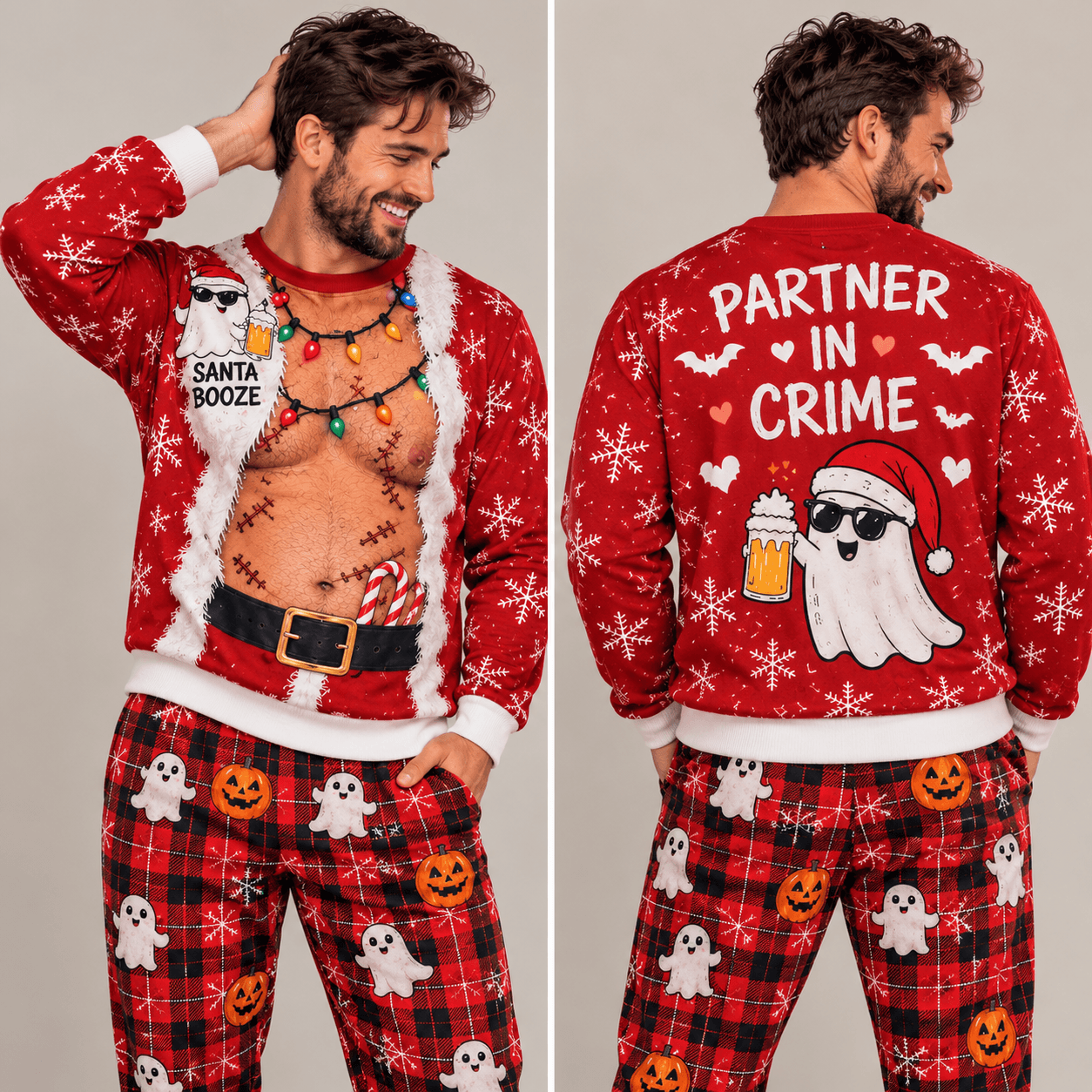 santa booze christmas sweatshirt for men, funny ghost partner in crime holiday sweatshirt, naughty santa party gift