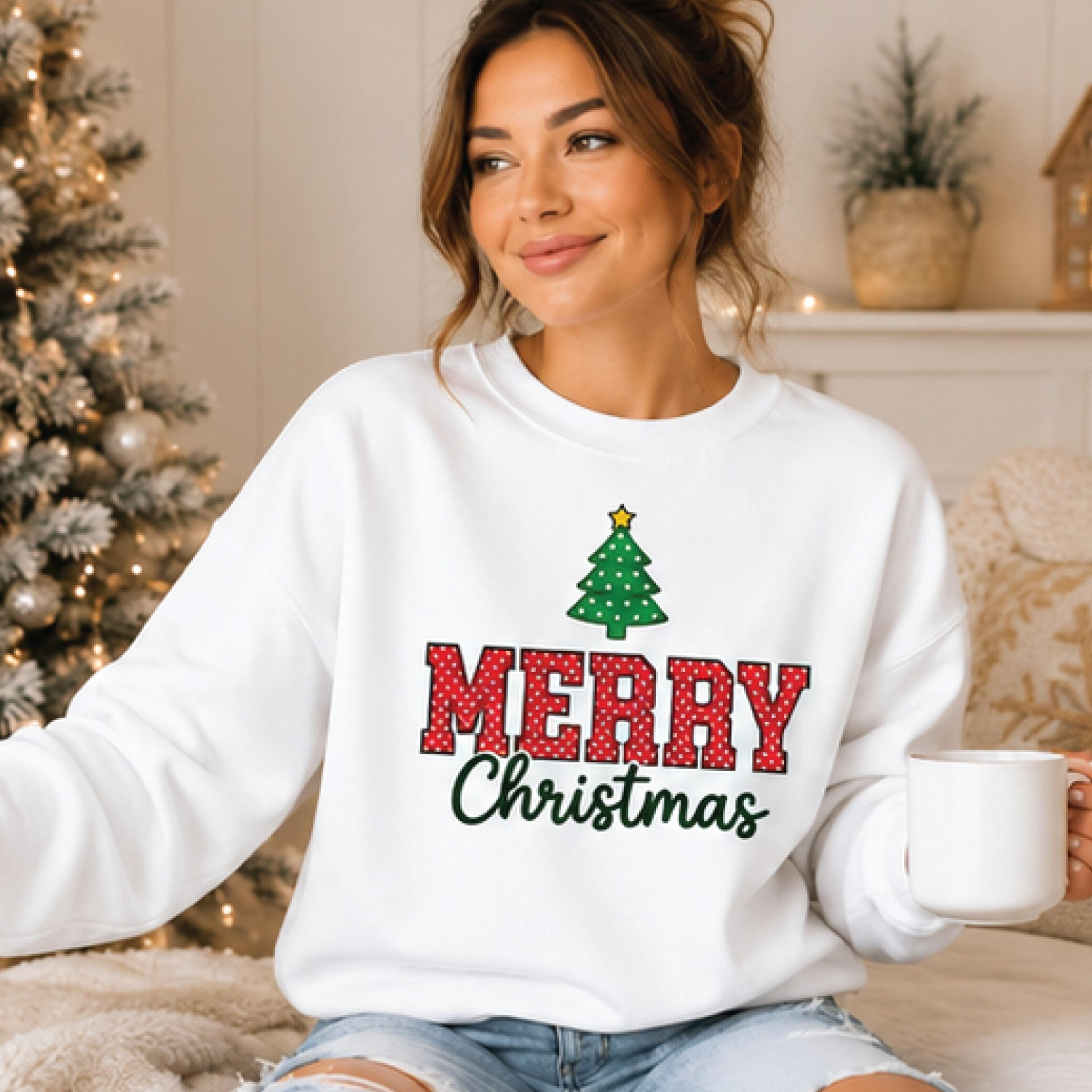 merry christmas sweatshirt, festive christmas tree graphic sweatshirt, cute holiday lettering pullover, christmas gift