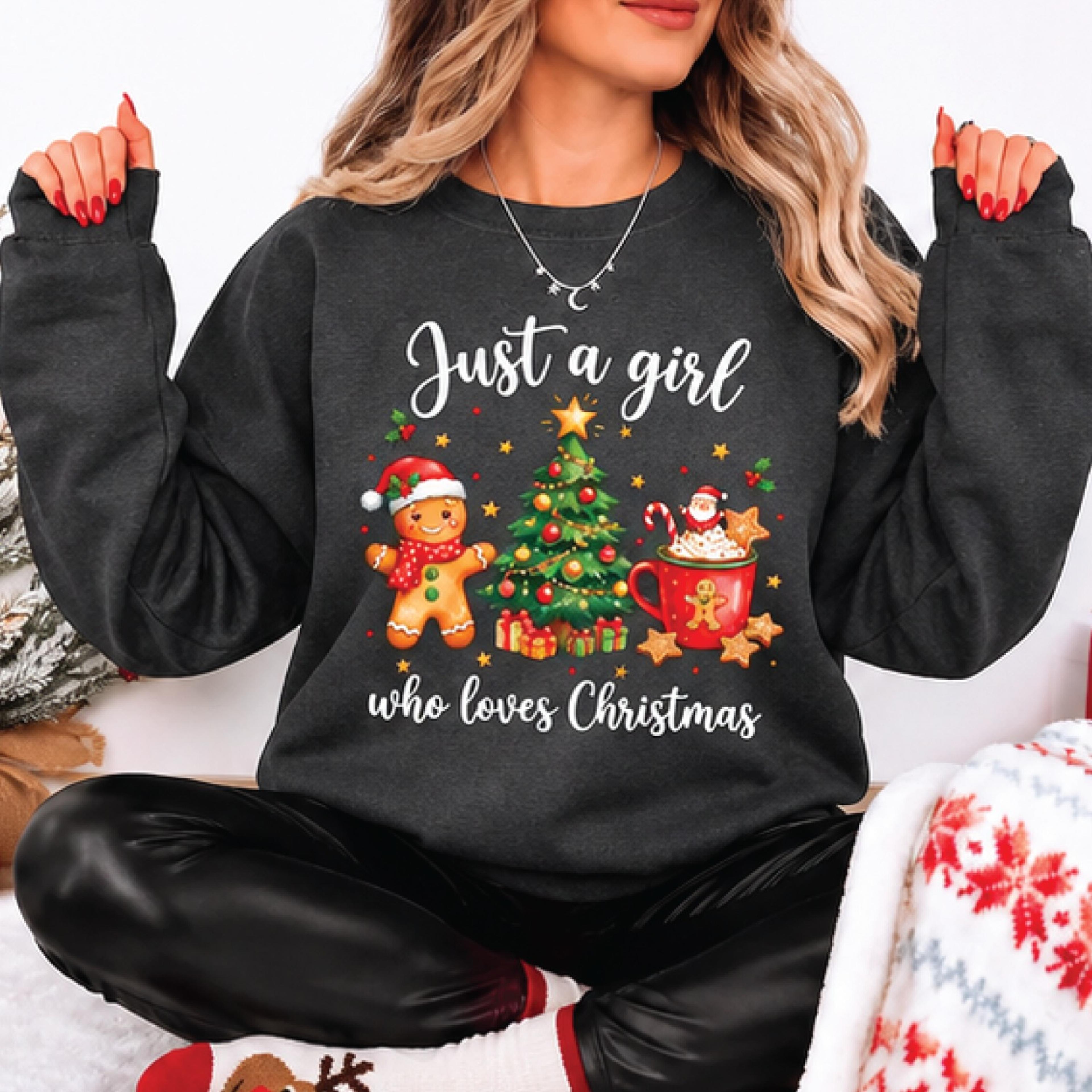 just a girl who loves christmas sweatshirt, cute gingerbread christmas tree sweatshirt, festive holiday gift for women