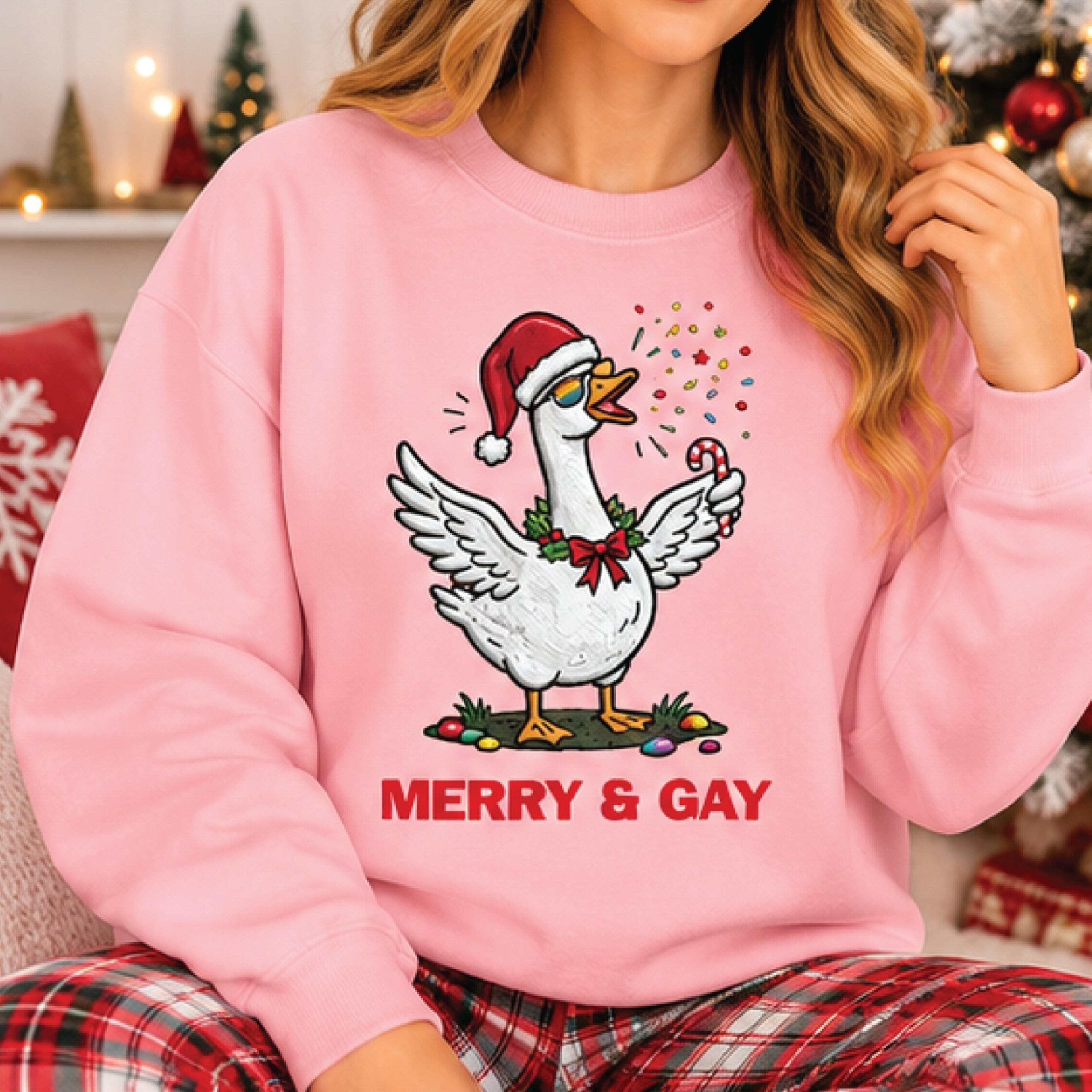 merry and gay christmas goose sweatshirt, funny lgbtq pride holiday crewneck, festive santa goose christmas gift, unisex