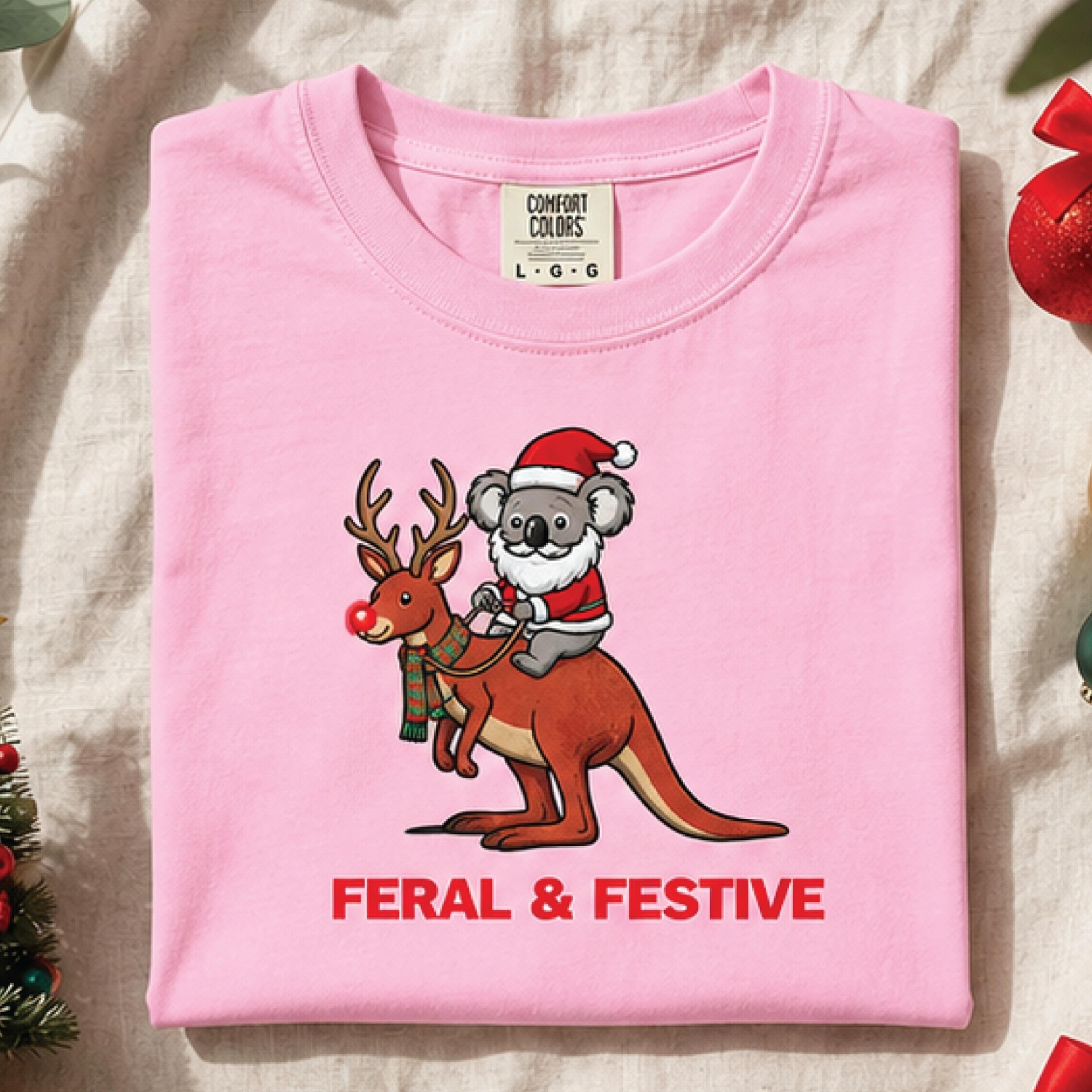 feral & festive christmas sweatshirt, funny santa koala riding kangaroo reindeer, australian wildlife holiday gift