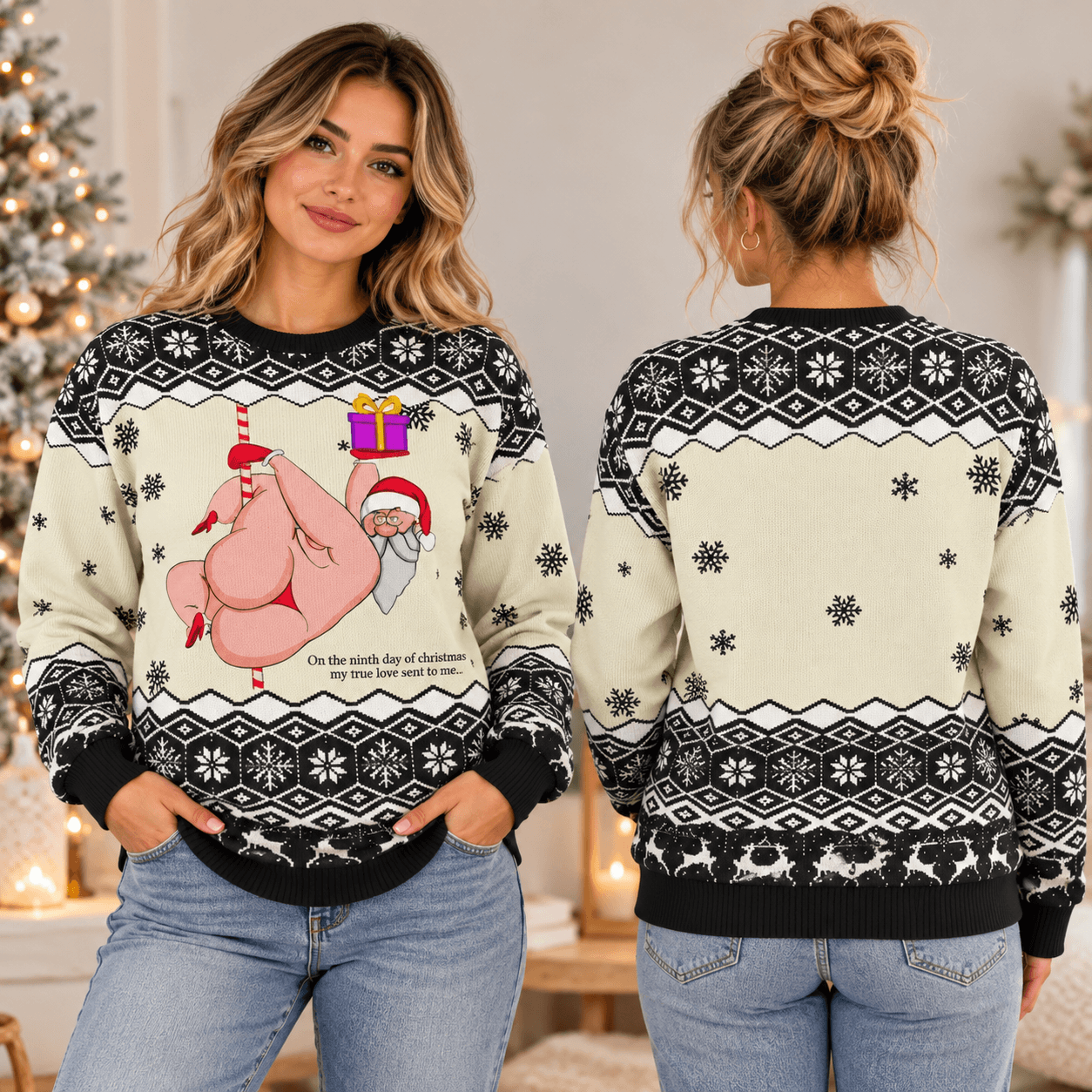 funny ninth day of christmas unisex sweatshirt, naughty santa pole dance graphic, adult ugly christmas party sweatshirt