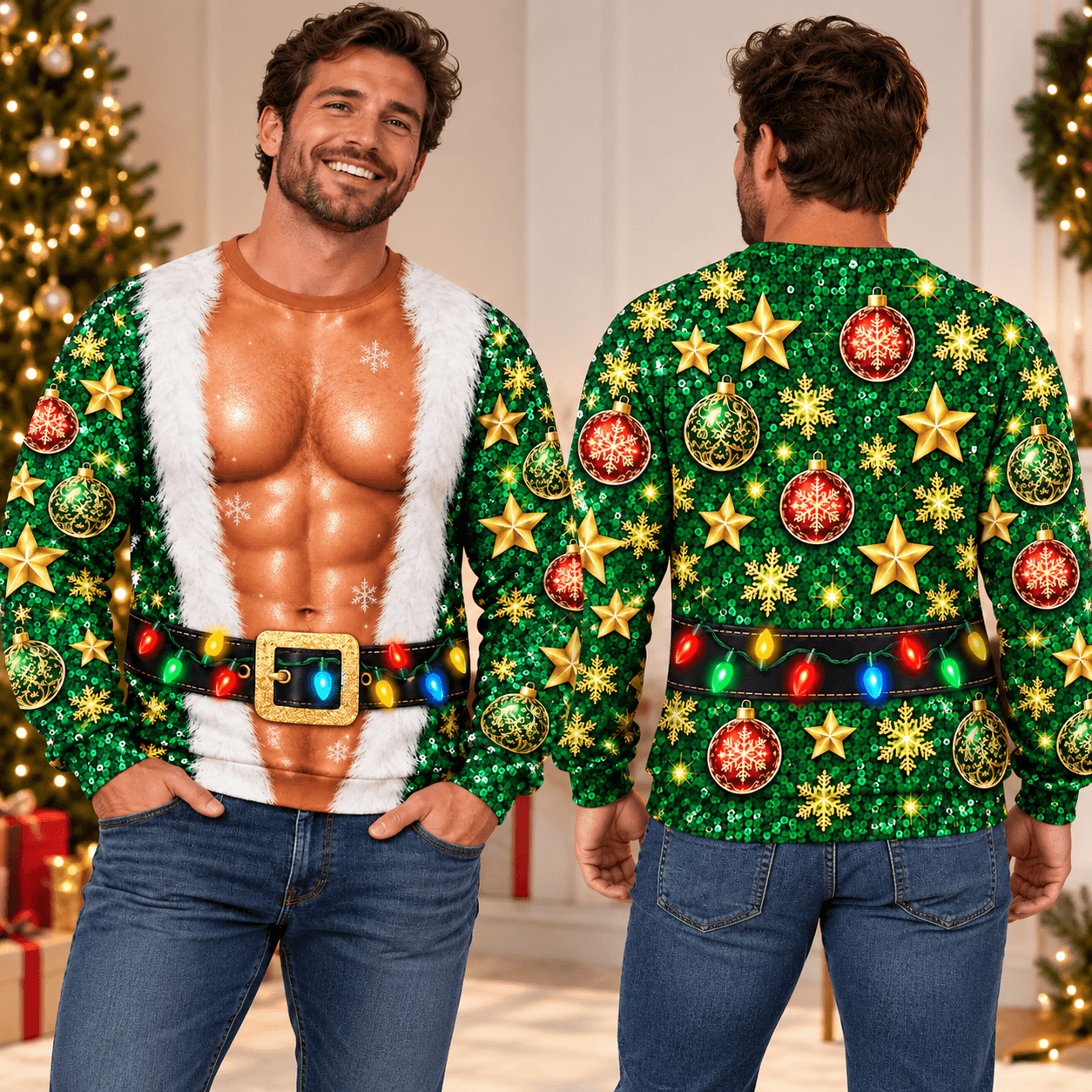 funny christmas muscle chest unisex sweatshirt, santa abs illusion graphic, festive holiday party sweatshirt, adult xmas