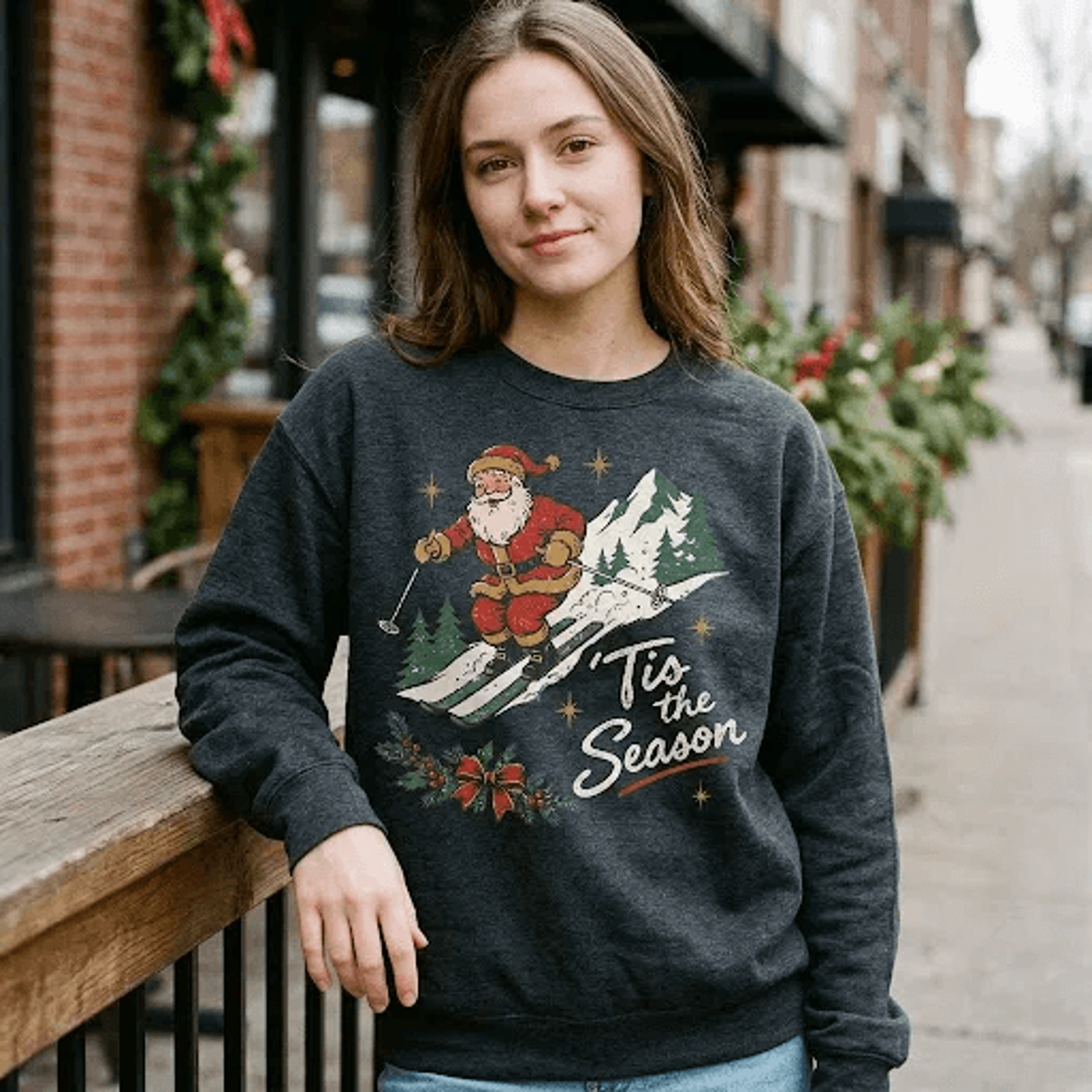 Tis The Season Skiing Santa Sweatshirt Funny Retro Santa Claus Ski Holiday Graphic Vintage Christma 2