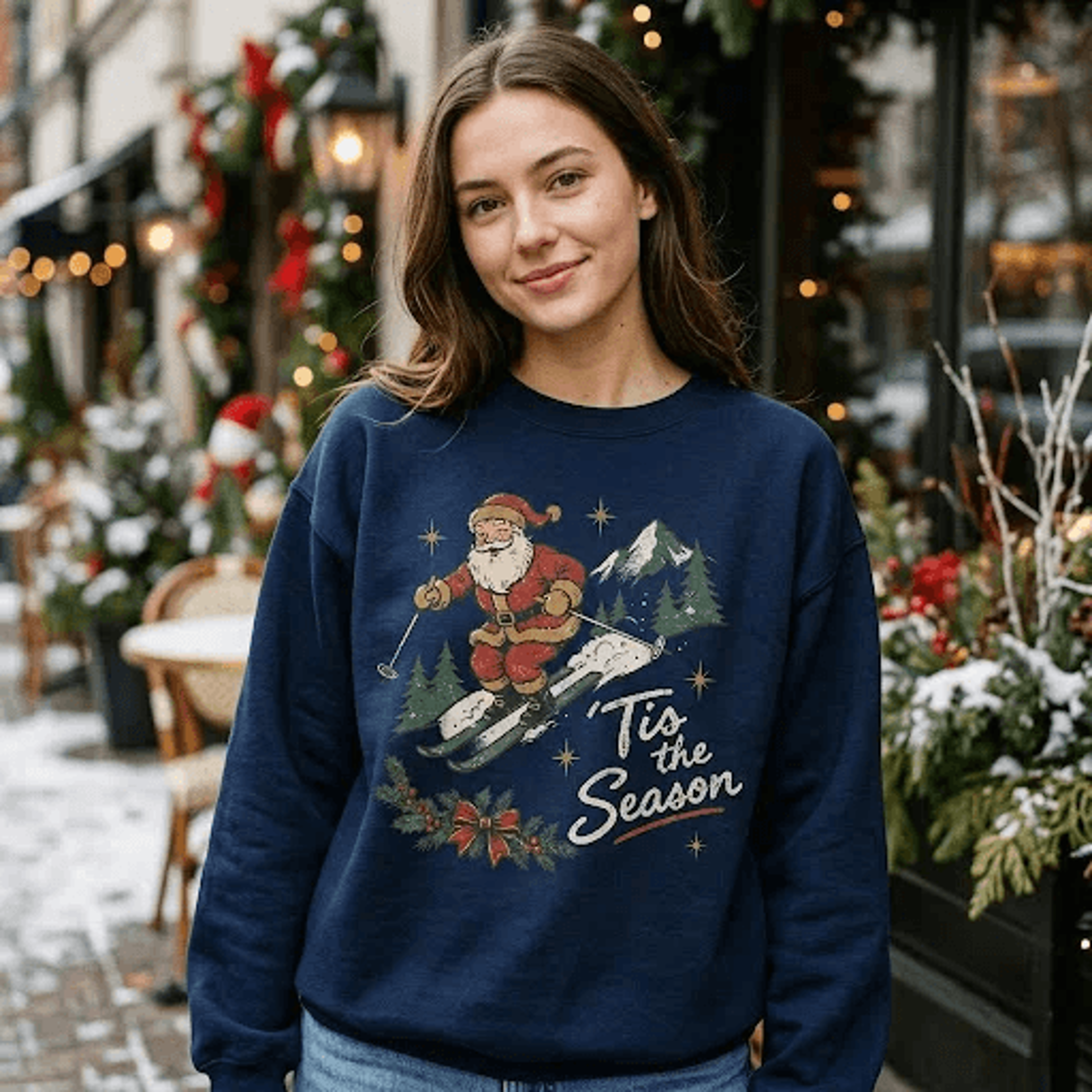 Tis The Season Skiing Santa Sweatshirt Funny Retro Santa Claus Ski Holiday Graphic Vintage Christma 1
