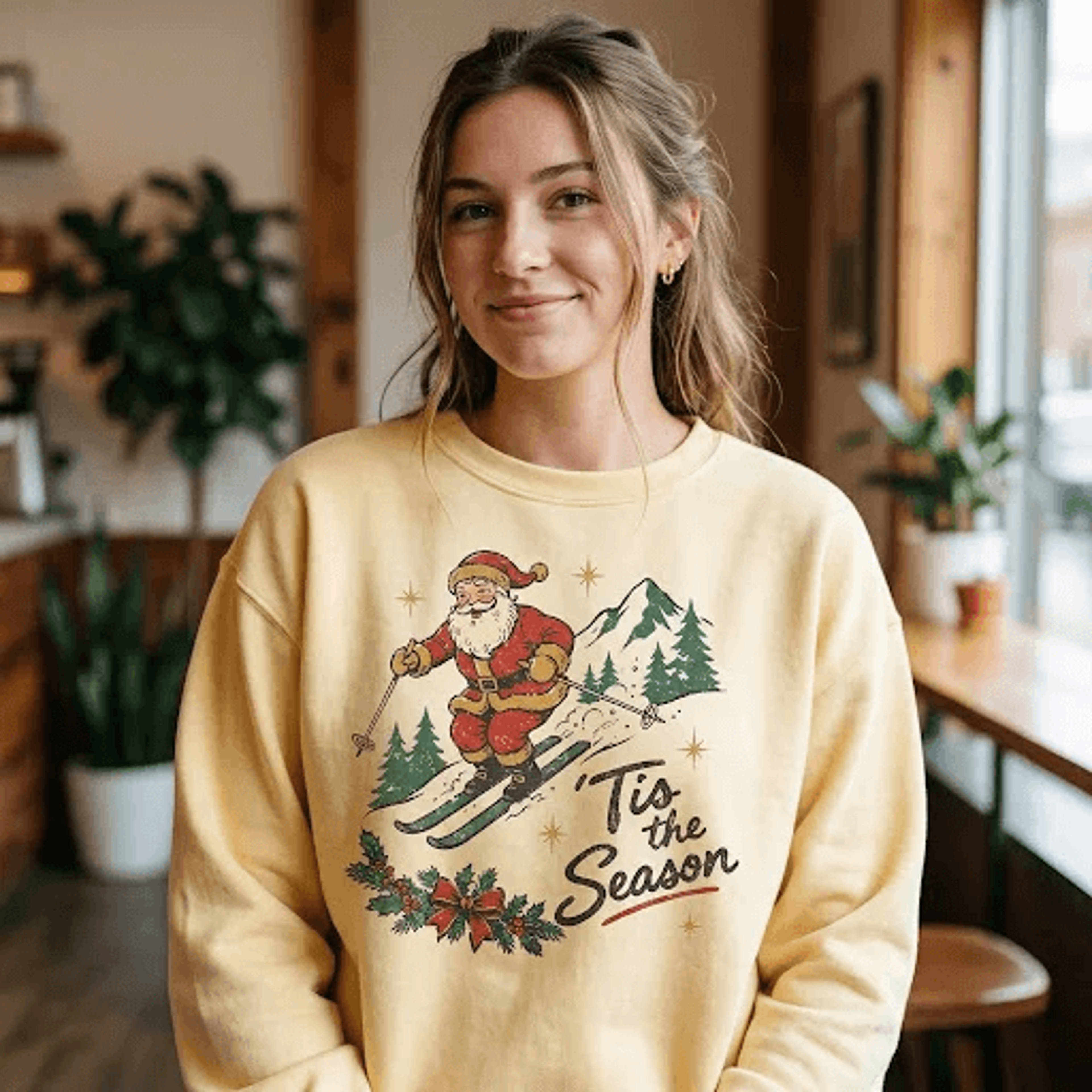 tis the season skiing santa sweatshirt, funny retro santa claus ski holiday graphic, vintage christmas gift, unisex